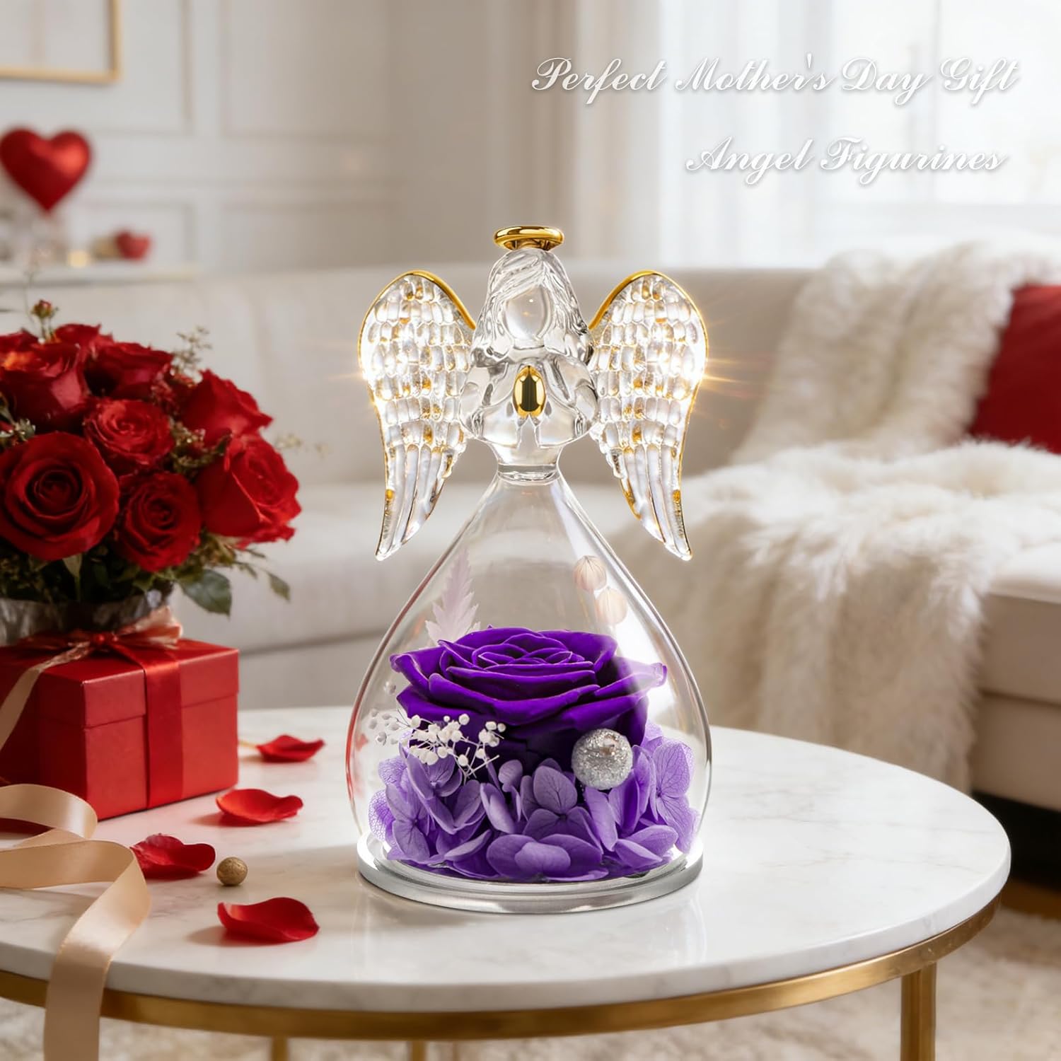 Sunia Gifts for Mom Birthday Gifts for Women, Mothers Day Preserved Real Roses in Glass Angel Figurine Forever Flowers for Delivery Prime, Flores Eternas Presents for Grandma Wife Daughter Sister