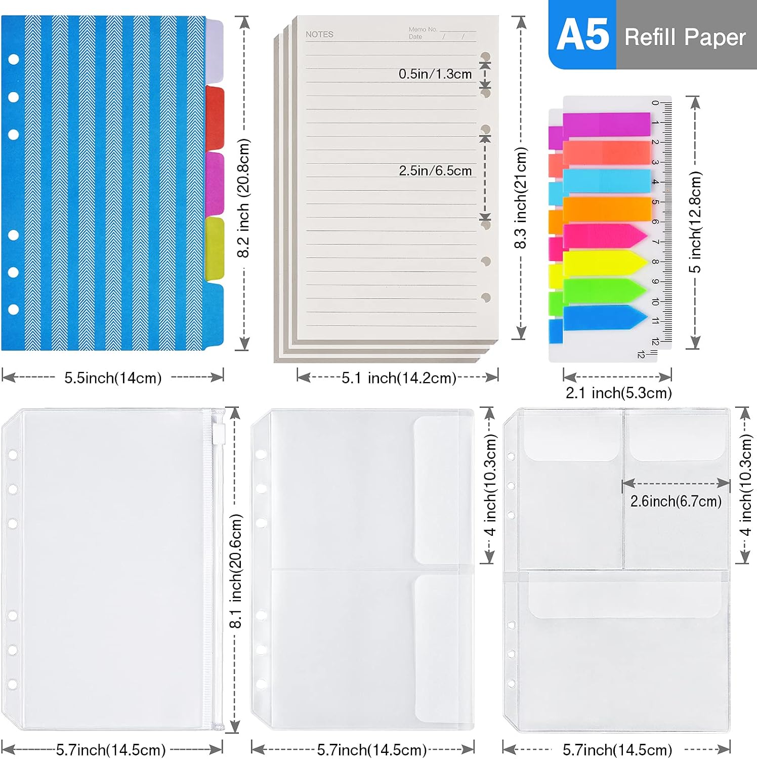 A5 Refill Paper, 4 Pack 6 ring planner binder refillable, 5pcs Binder Dividers, 3pcs Binder Pockets, 160 Pieces Index Tabs with Ruler, personal planner inserts for journal Notebook
