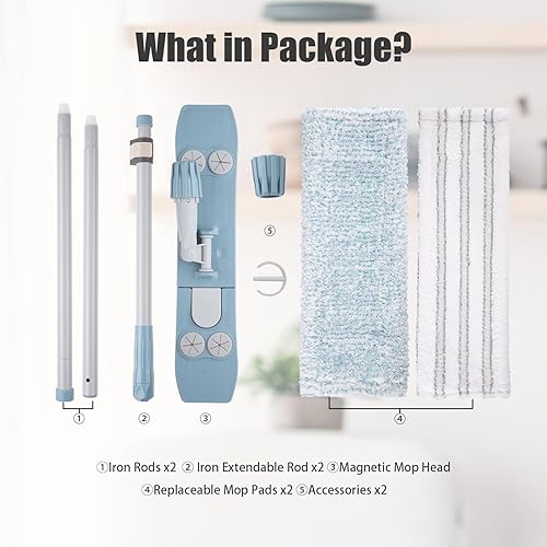 Miniatura 7 de Trapeador de polvo para limpieza de suelos, trapeador plano magnético con 2 almohadillas lavables, mango de hierro extensible de 64 pulgadas para