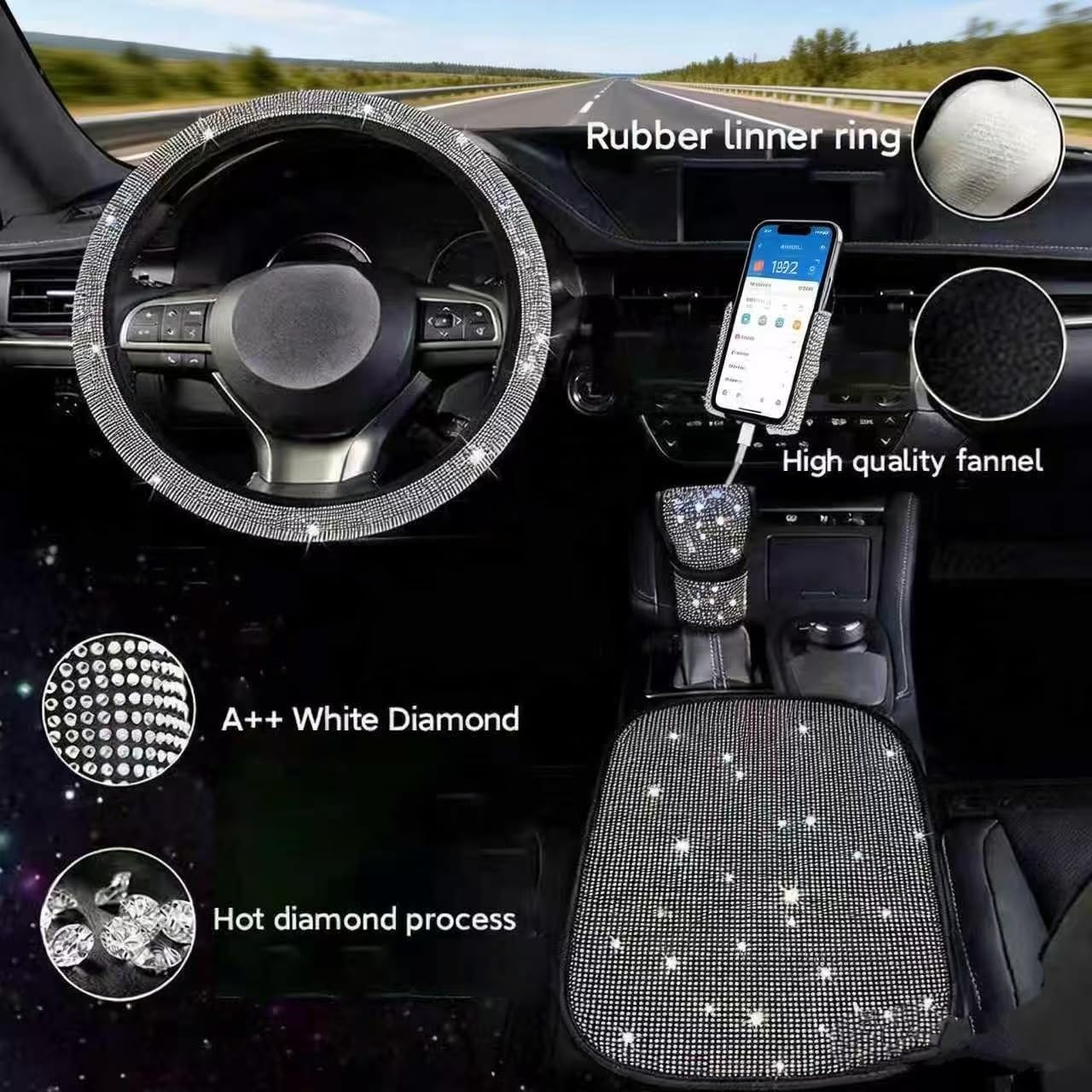 Universal 15-inch Steering Wheel Cover, Rhinestone Center Console Cover, Sparkling Gear Shift Cover, Gold car Phone Holder, 4-Piece Crystal car Decoration Set (White)