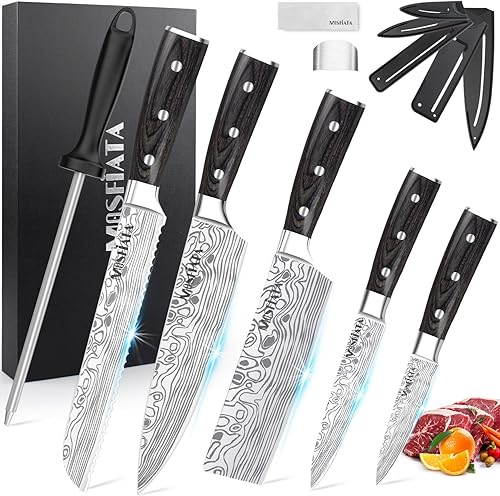 Miniatura 12 de MOSFiATA Juego de Cuchillos de Chef Profesional con Acero Inoxidable Alemán de Alto Carbono Juego de Cuchillos de Cocina de 3 Piezas con Protector