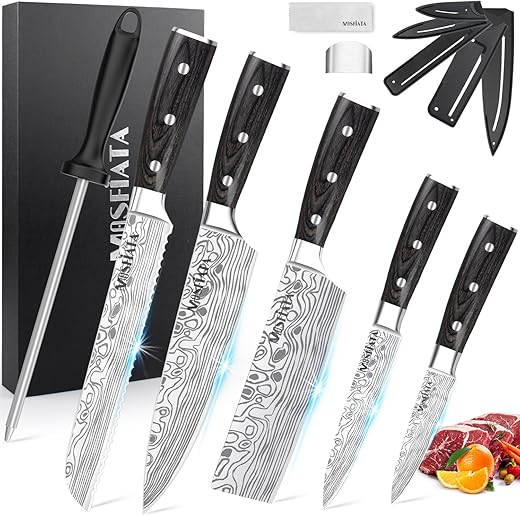 MOSFiATA 5pc High-Carbon Knife Set: 8in Chef & 7in Nakiri