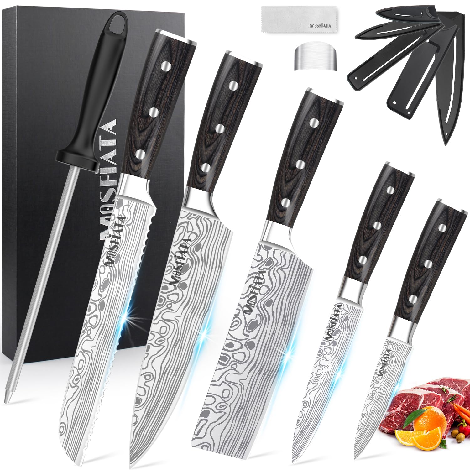MOSFiATA5 PCS Chef Knife Set, German High Carbon Stainless Steel Kitchen Knife Set with Sharpener Rod，5PCS Blade Guard,Wood Handle Knives Set for Kitchen with Gift BoxCarbonfree Certified