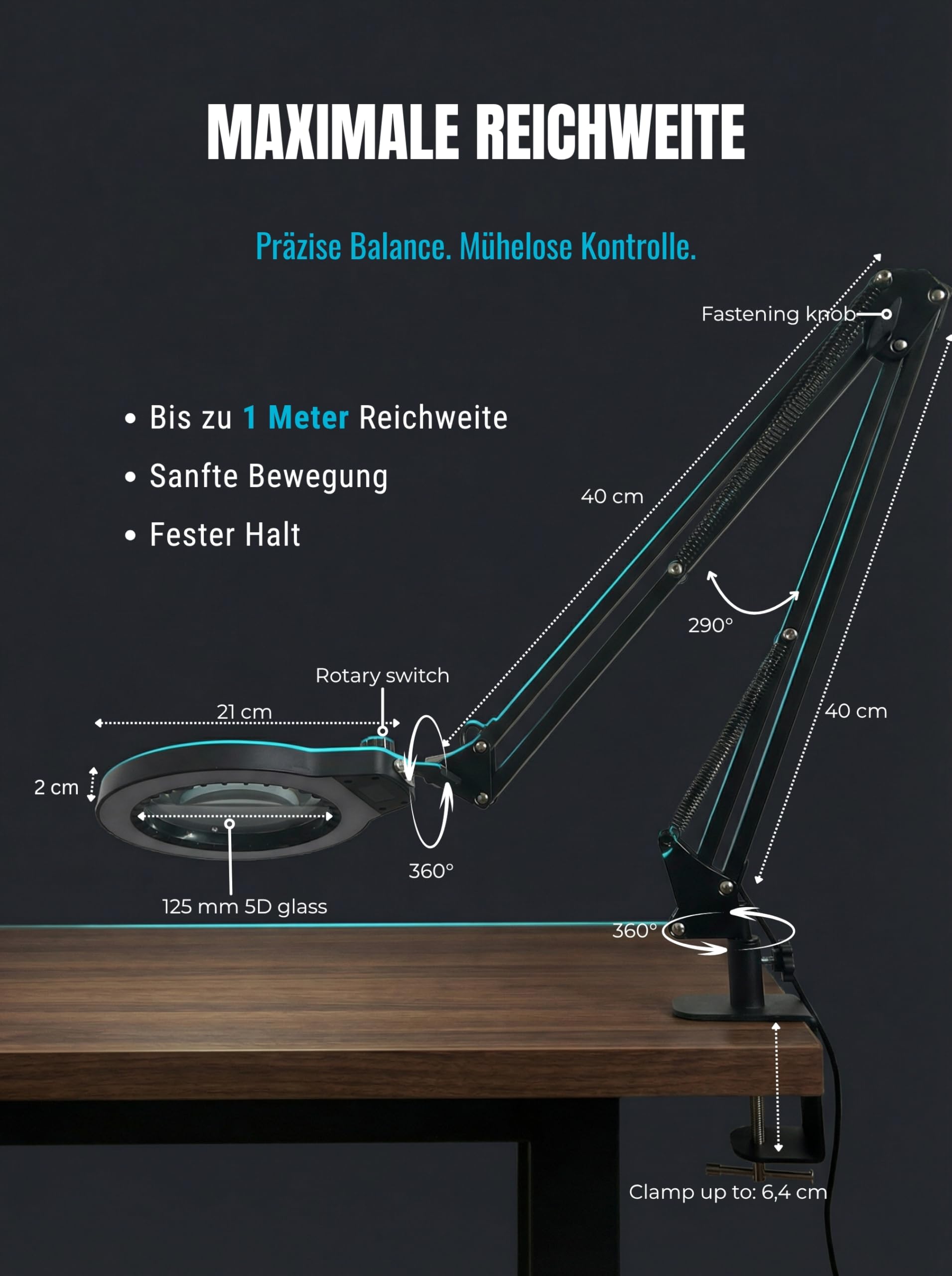 LED-Lupenleuchte Arbeitsplatzlampe Große 125-mm-Lupe | Optische Güteklasse 5 Dioptrien, Extra langer Schwenkarm bis 100 cm, 5 Lichtfarben & Dimmer, 6,4 cm Klemme, 12 V Netzteil