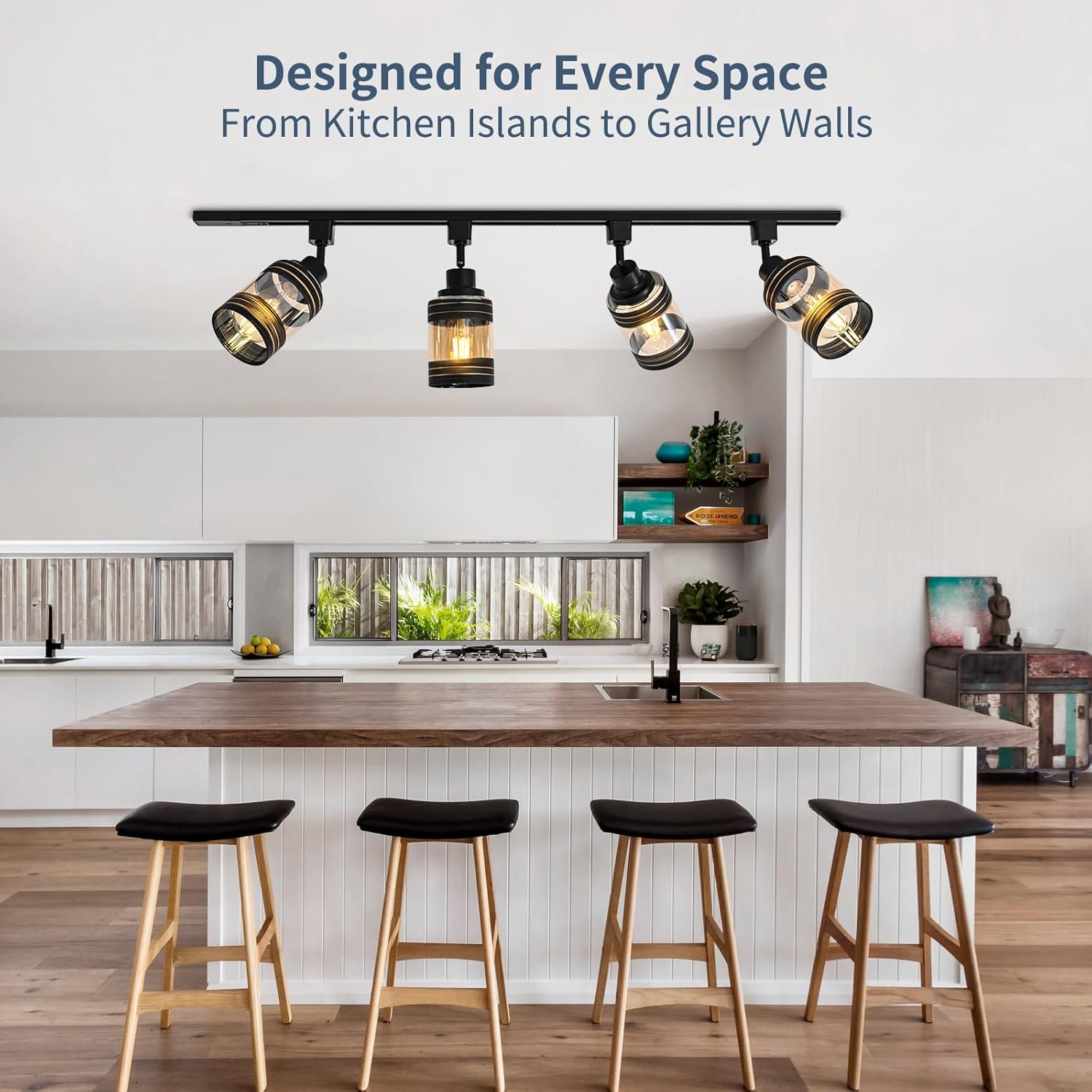 4-Pack H Track Lighting Heads, Black Track Light Heads with Amber Glass Lampshade, Black & Gold Printed Accents, E26 H Type Track Lighting Replacement Heads (Bulbs & Rails Not Included)