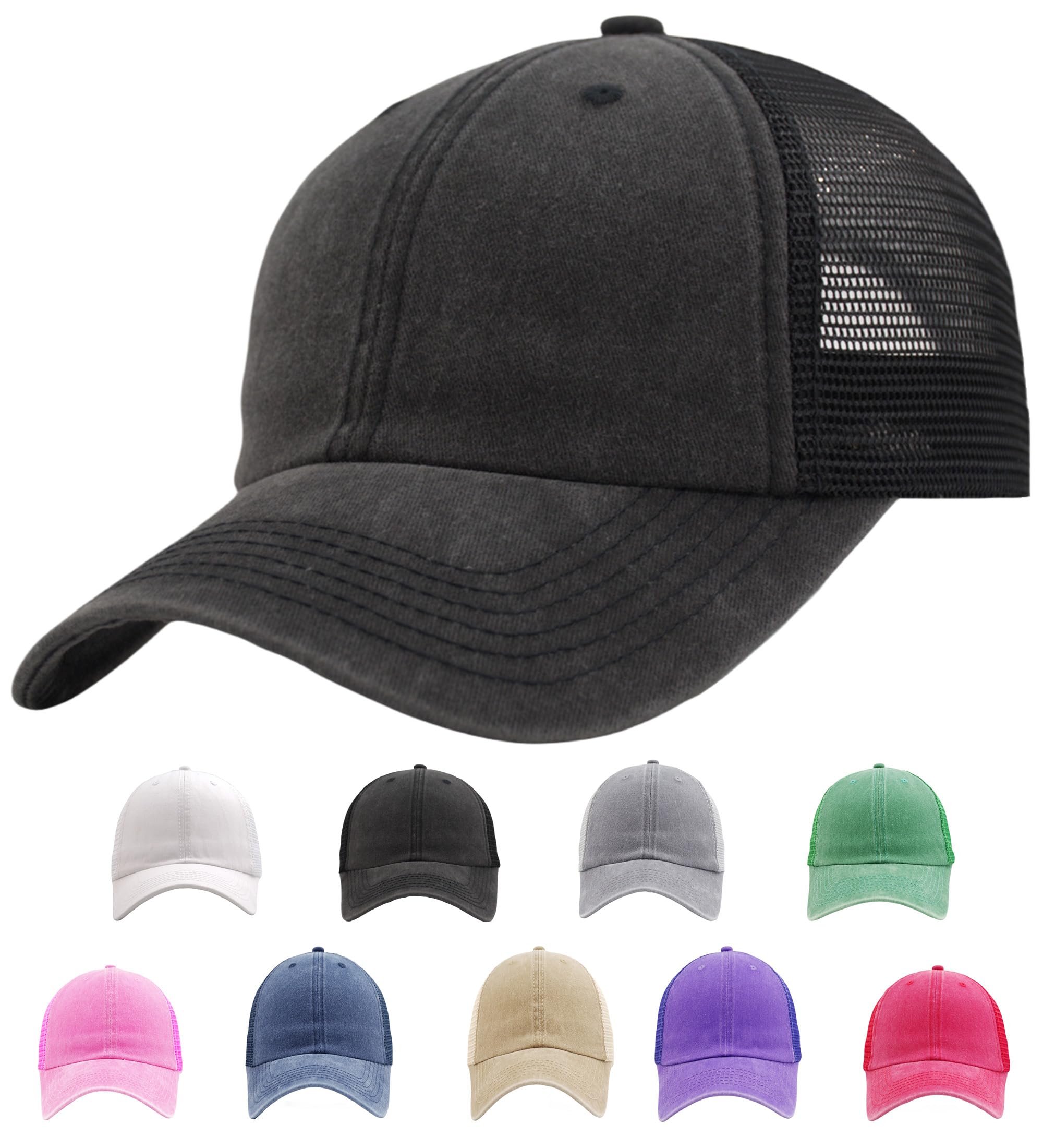 Vintage Washed Snapback Summer Trucker Baseball Hat for Women, Unstructured Cotton Crown/Soft Mesh/Flexible Visor/Foldbale for Pocket-Black