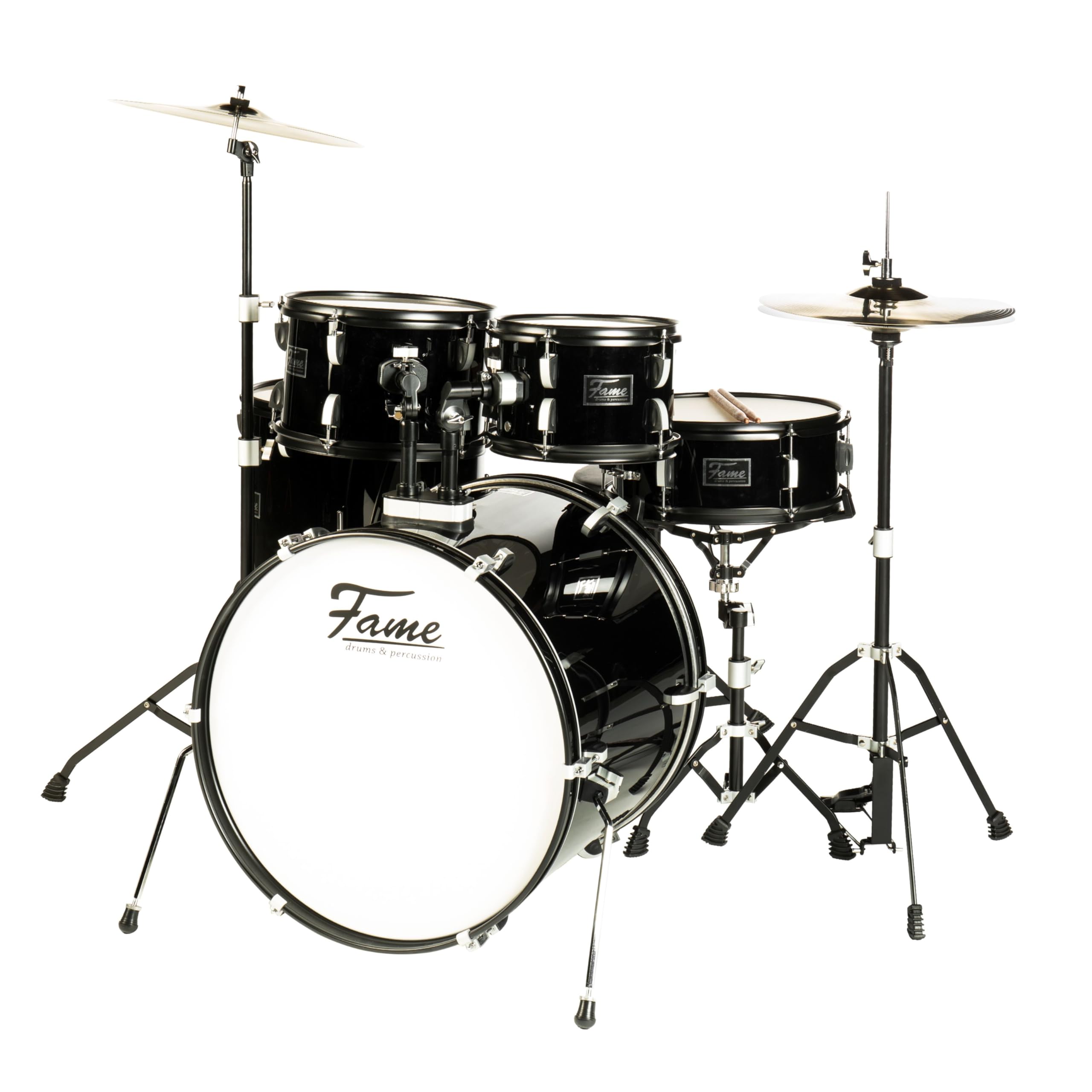 Fame FS22B First Step Rock Set, Piano Black, Komplettes Drum-Set, 22" BassDrum, Mischholz Kessel, Inklusive Hardware & Becken, Ideal für Anfänger und Schlagzeug-Einsteiger"