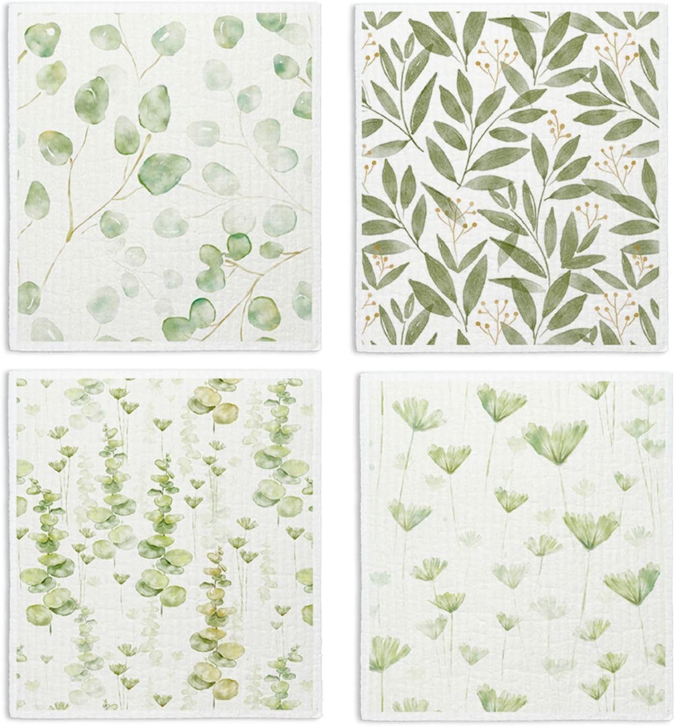 Swedish Dishcloths, Botanical Watercolor Leaf Swedish Dishcloths for Kitchen, Swedish Dish Cloths for Spring, Reusable Paper Towels, 4 Pack Dish Towels for Kitchen, Reusable Dish Cloths