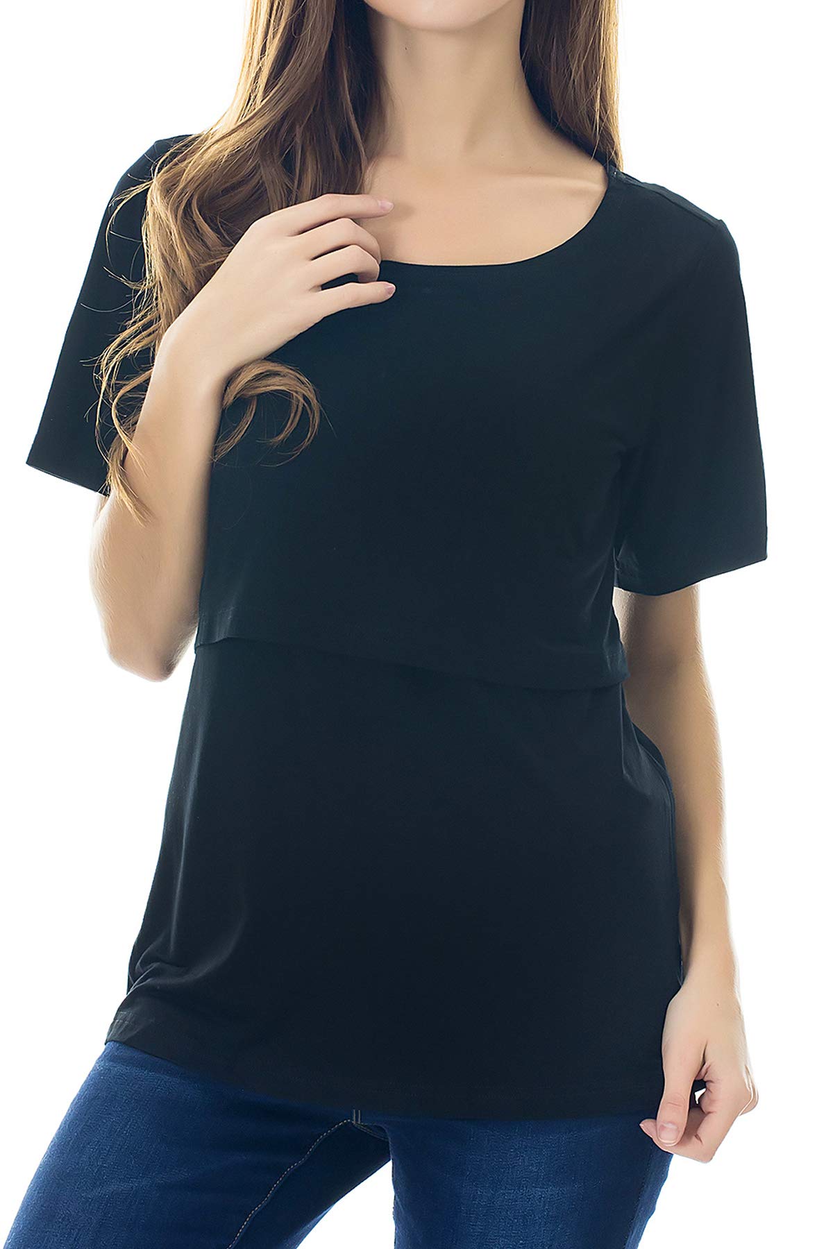 Smallshow Maternidad de las mujeres Tops de lactancia de manga corta Ropa de lactancia, Army Green-black-svp145 (3 paquetes), Medium