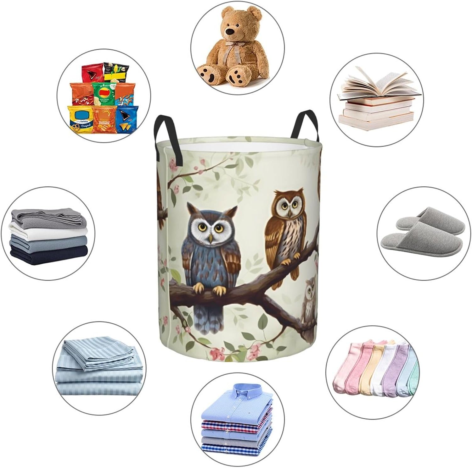 Owls on a branch print Circular Hamper Waterproof Storage Bin Organizer Basket Laundry Hamper With Handles For Clothes Toys Medium