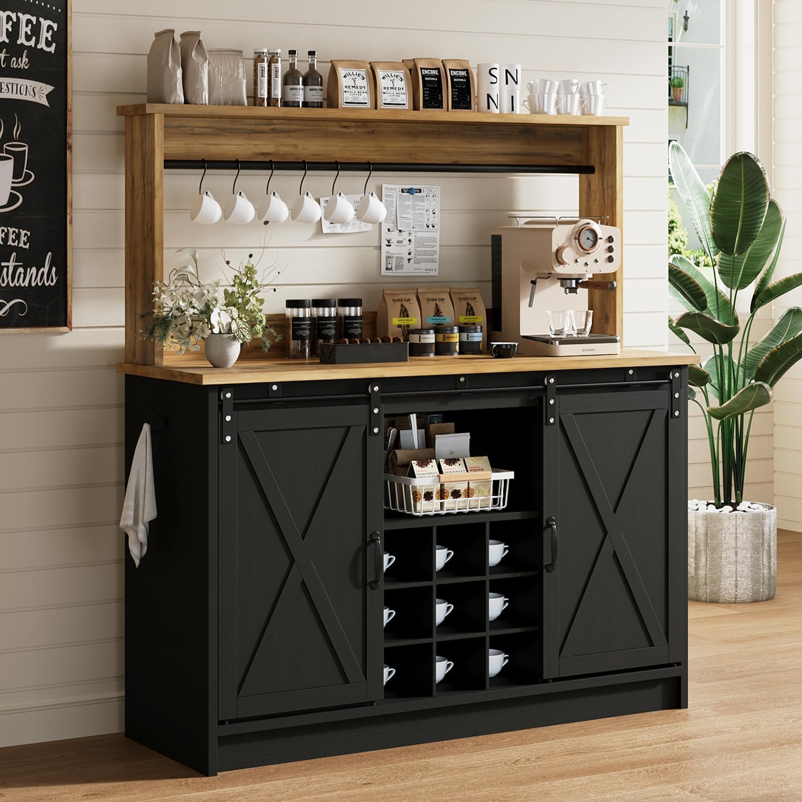 4ever2buy Coffee Bar Cabinet with Storage, 47'' Farmhouse Coffee Bar with Hutch and Sliding Barn Door, Wine Bar with 9 Wine Racks and 6 Hooks for Dining Room, Living Room, Black