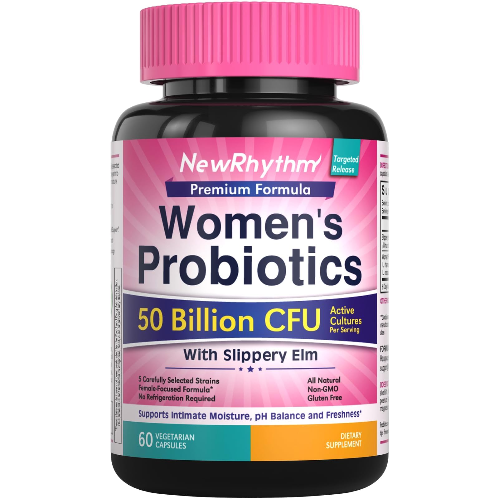 NewRhythm Women's Probiotics Slippery Elm Bark, 50 Billion CFU Per Serving, 5 Strains, All Natural, Non-GMO, Vaginal, Digestive & Immune System Support, 60 Vegan Caps