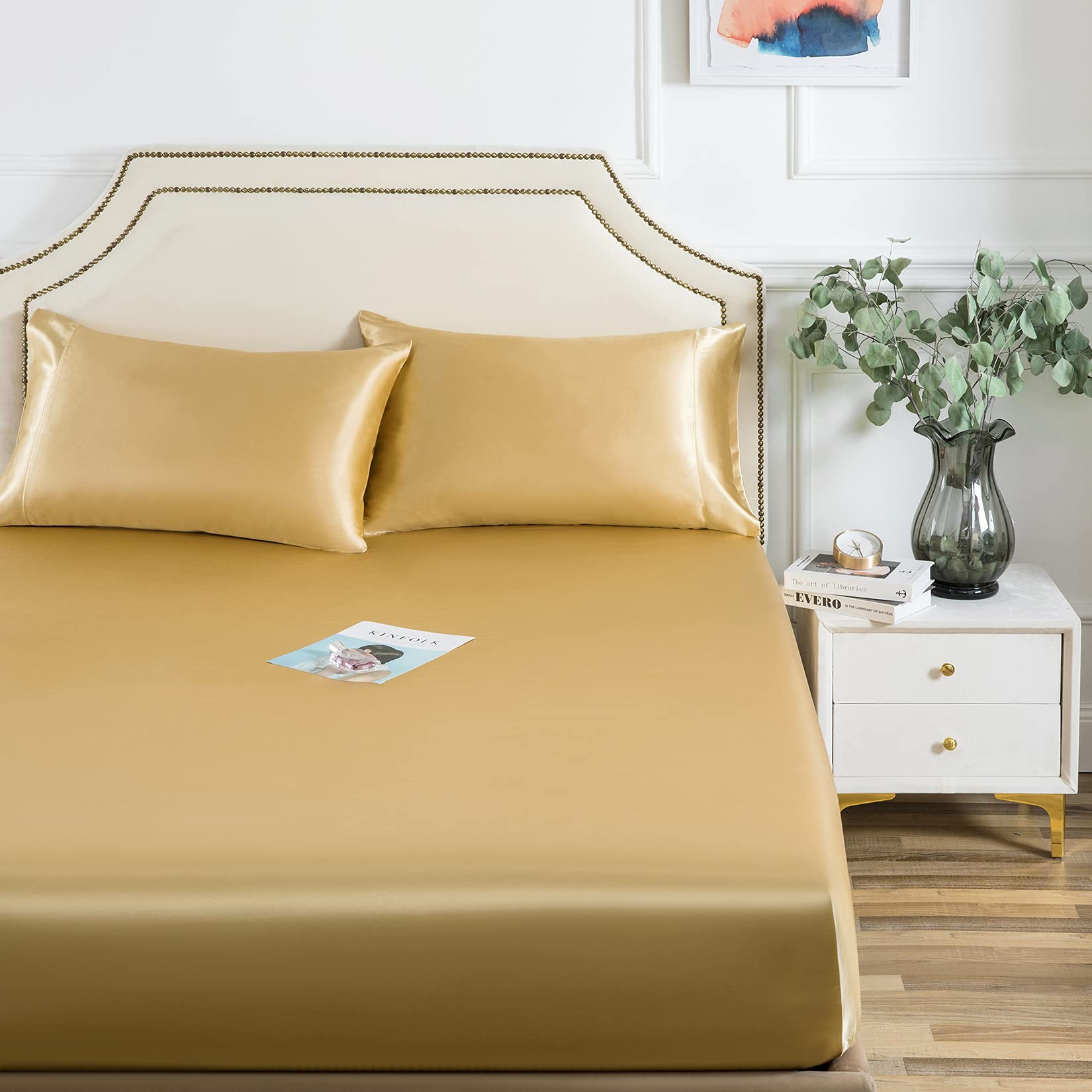 Luxbedding Gold Satin Fitted Sheet, Twin Fitted Sheet Only, 1 - Piece Ultra Soft Deep Pocket Single Silk Bottom Bed Sheet Twin