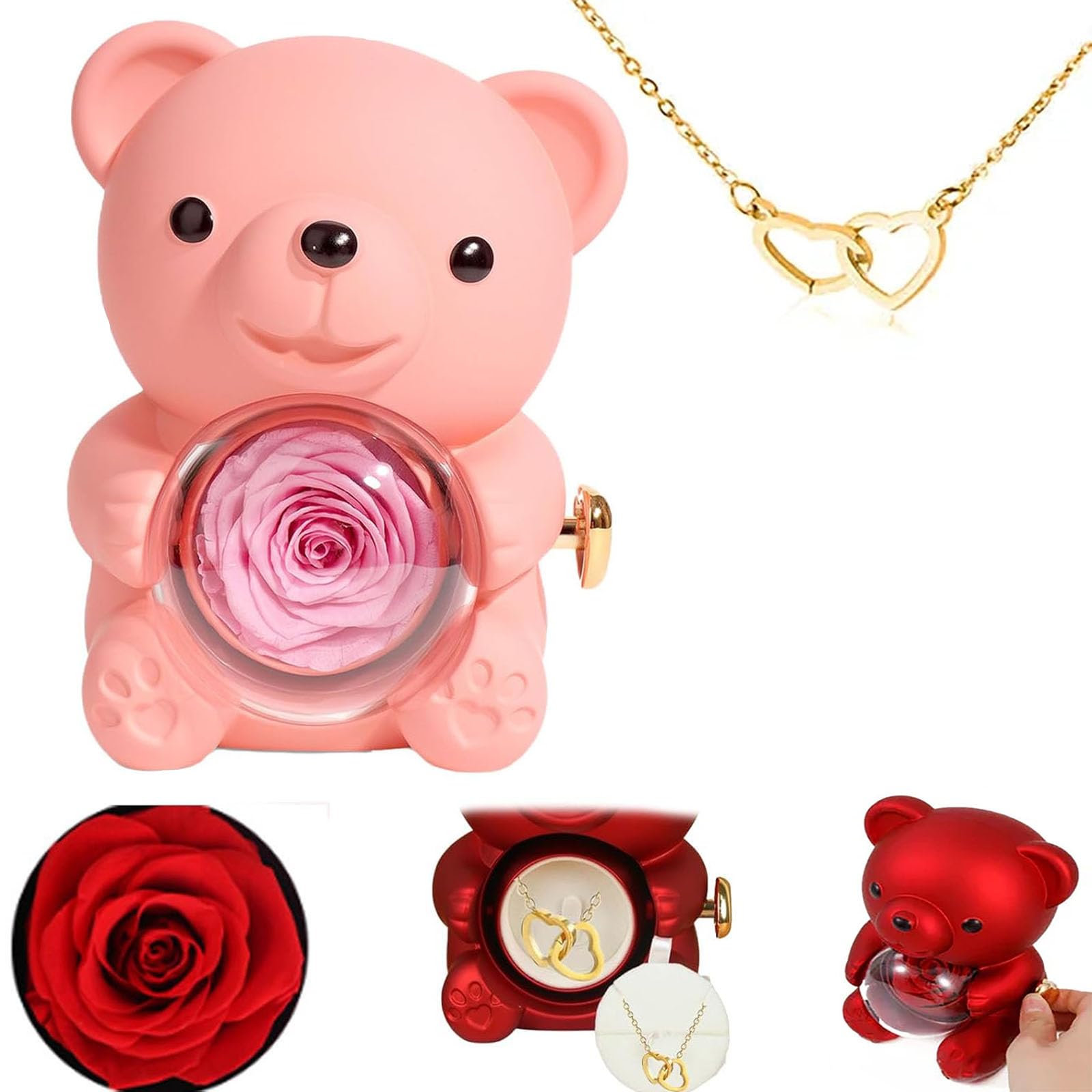 Engraved Heart Necklace - With Real Rose Bear Giftbox, Preserved Rose Gifts Set, Eternal Rose Flowers Flip Bear Jewelry Box, Preserved Rose Hug Bear Gifts for Women (pink)