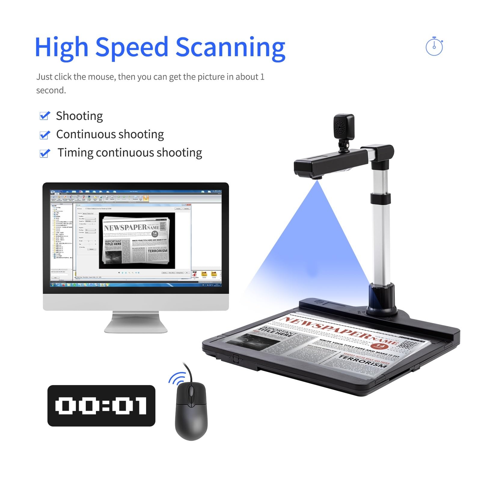 Escáner de Documentos, Escáner de cámara de documentos, tamaño de captura A3, cámara dual USB2.0 con luz LED, función OCR, conversión a formato PDF