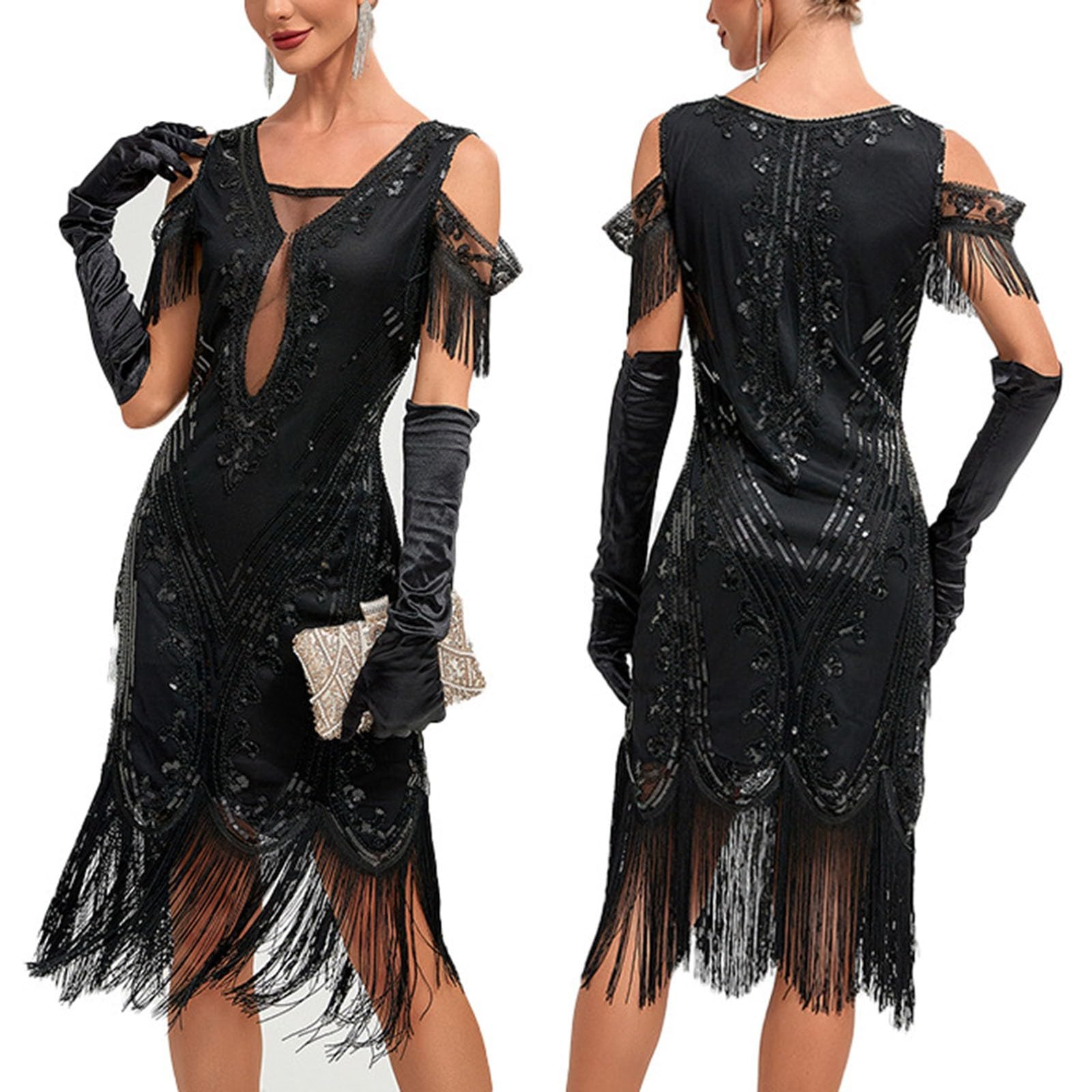 Damen Kleider Elegant Partykleid Knielanges Flapper Partykleid der 1920er Jahre Quastensaum Pailletten Cocktailkleider mit Accessoires Kostümset für Bierfest Karneval Halloween