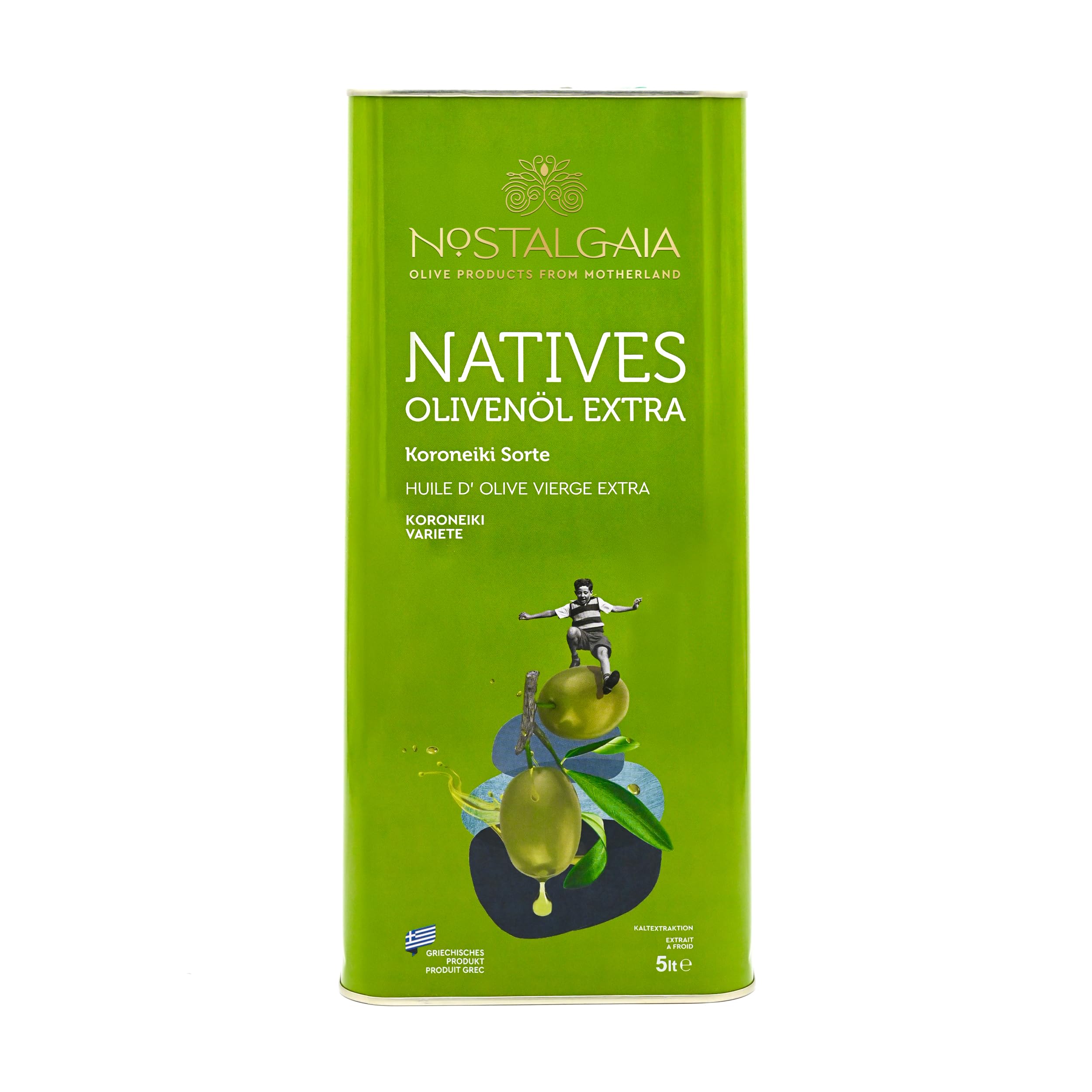 NOSTALGAIA 5 litres Huile d’olive extra vierge grecque – 100% Koroneiki, pression à froid, récolte fraîche 2025/2026, très faible acidité, huile d’olive premium, bidon 5 L