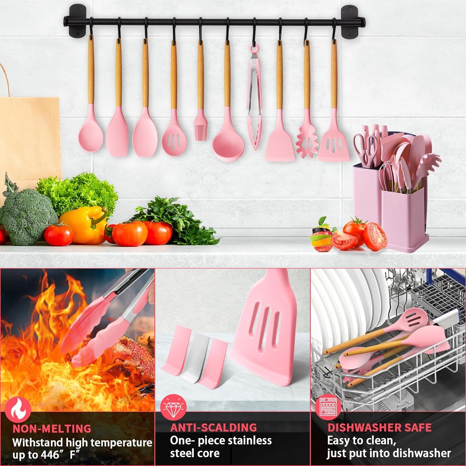 Set di 12 utensili da cucina in silicone, antiader. resistenti al