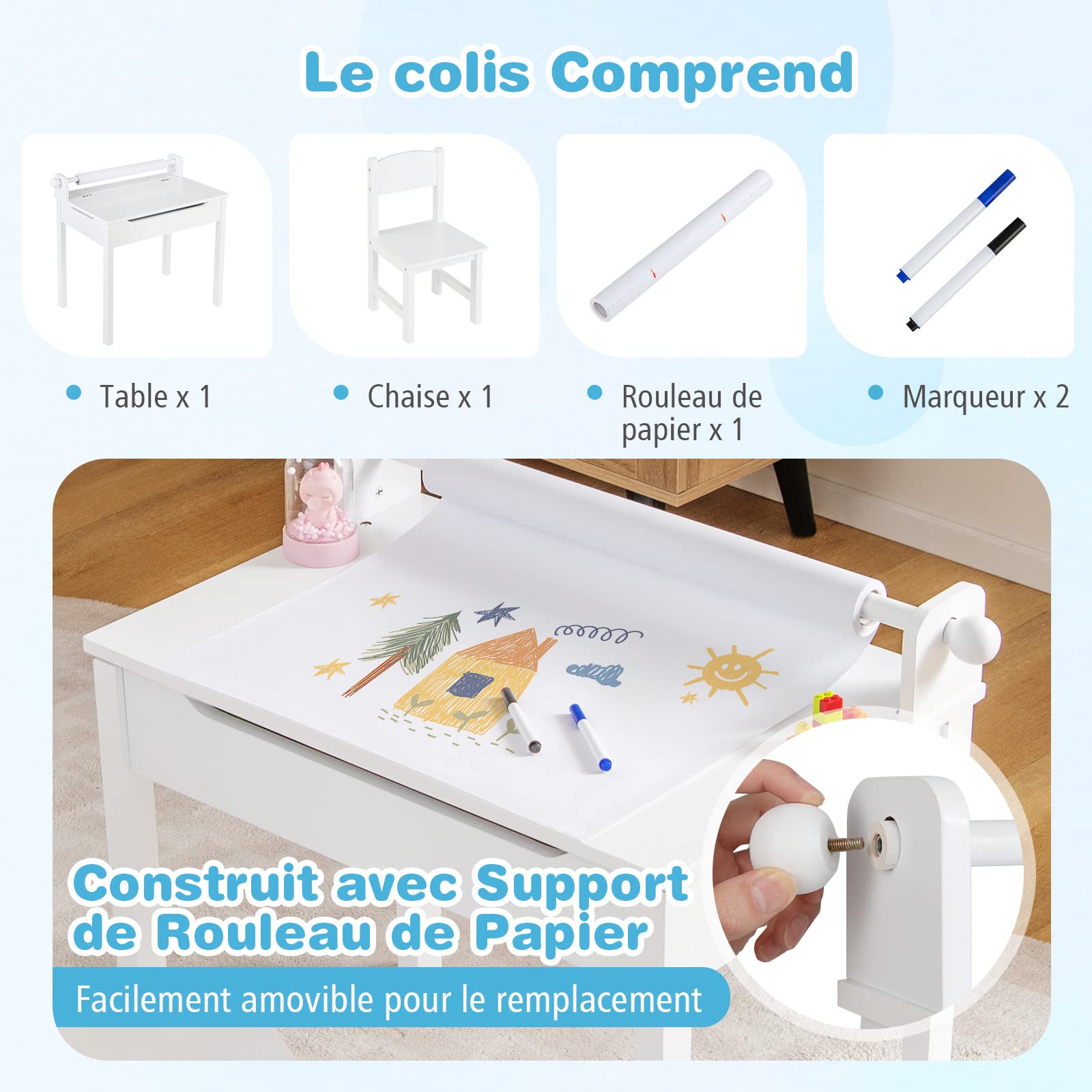 COSTWAY Bureau pour Enfants avec Tabouret & Plateau Rabattable, Table à Dessin en Pin Polyvalent avec Rouleau de Papier, Espace Caché, Poignées Découpées pour Enfants de 3 Ans+ (Blanc)