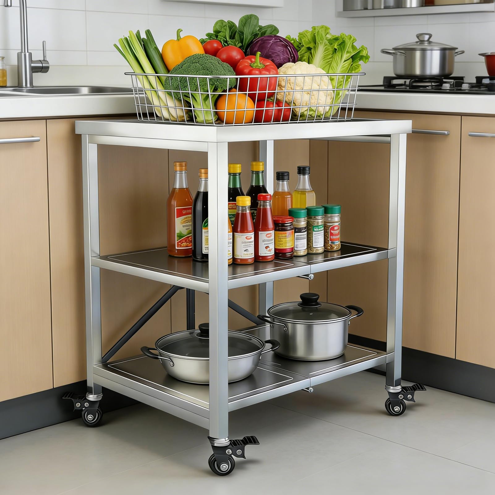 Carrello da Cucina, Mobiletto Carrelli da Portata 3 Ripiani Scaffale Microonde Metallo, 60x45x80cm Ripiegabile Scaffalatura Portaoggetti Servizio su Ruote per Ristorante Ufficio, Argento