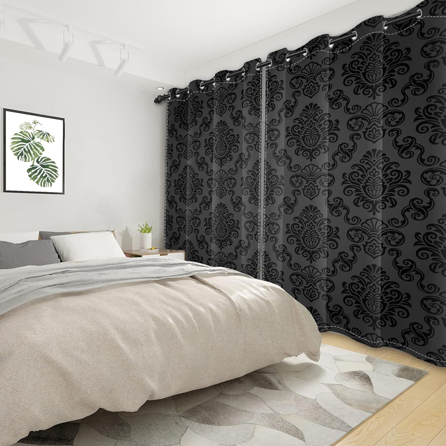 Black Damask Floral Blackout Curtain Vintage Classic Flower Pattern Printed Drapes 21 x 45 Inches Window Curtain Set for Living Room Bedroom Kitchen Decor, 2 Panels Grommet Drapes