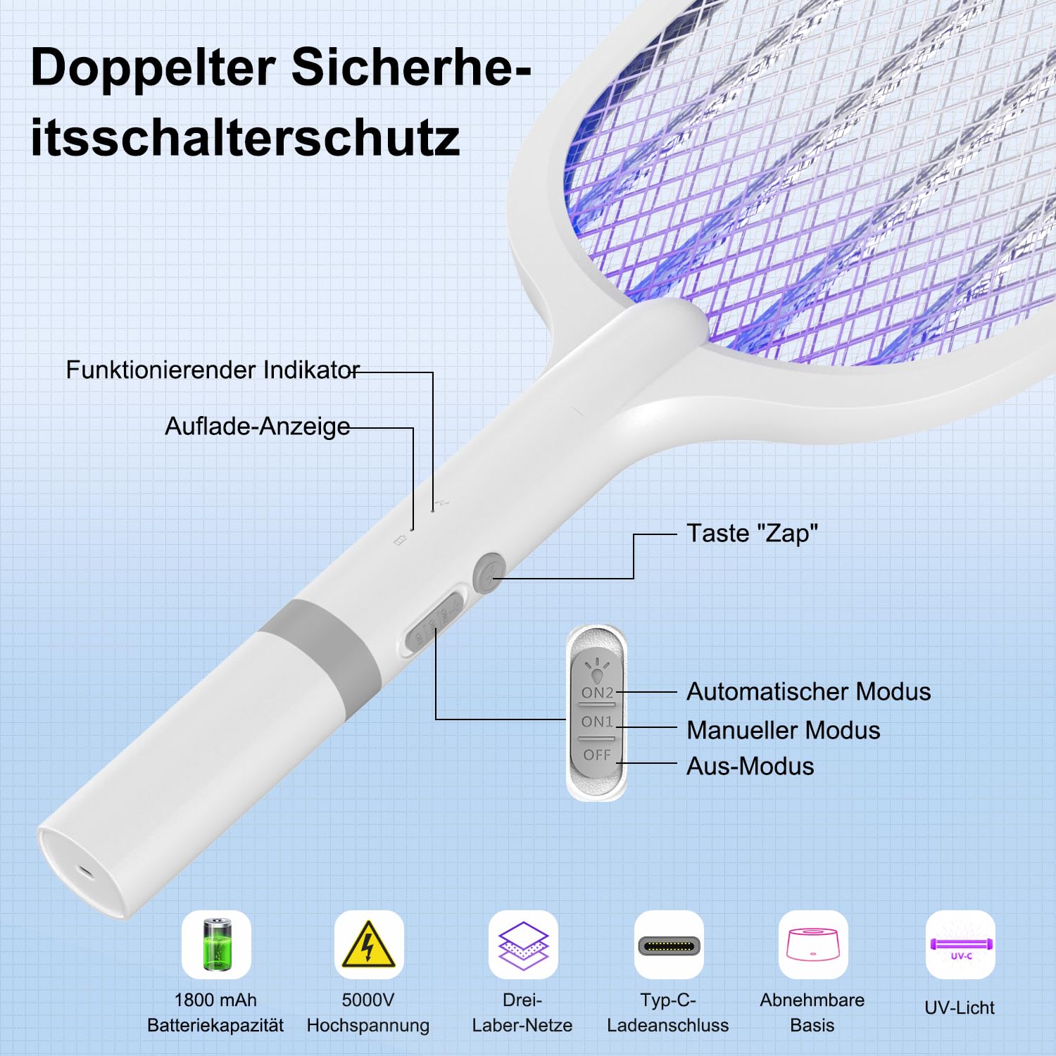 Electric Fly Swatter Racchetta Zanzare Elettrica 5000V 1800mAh con USB Ricaricabile e LED 2 in 1 con Base Recargable, LED Trappola per Zanzare para Uso en Interiores y al Aire Libre (3 pezzi)