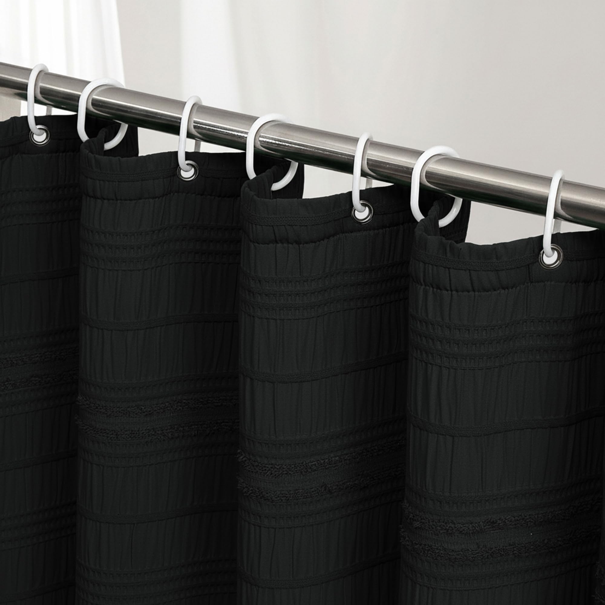 Siiluminisoy Extra Long Farmhouse Black Boho Shower Curtain 72 x84 Cotton Blend Tufted Fabric Waffle Textured Shabby Chic Rustic Minimalist Striped Shower Curtains for Bathroom, Hotel
