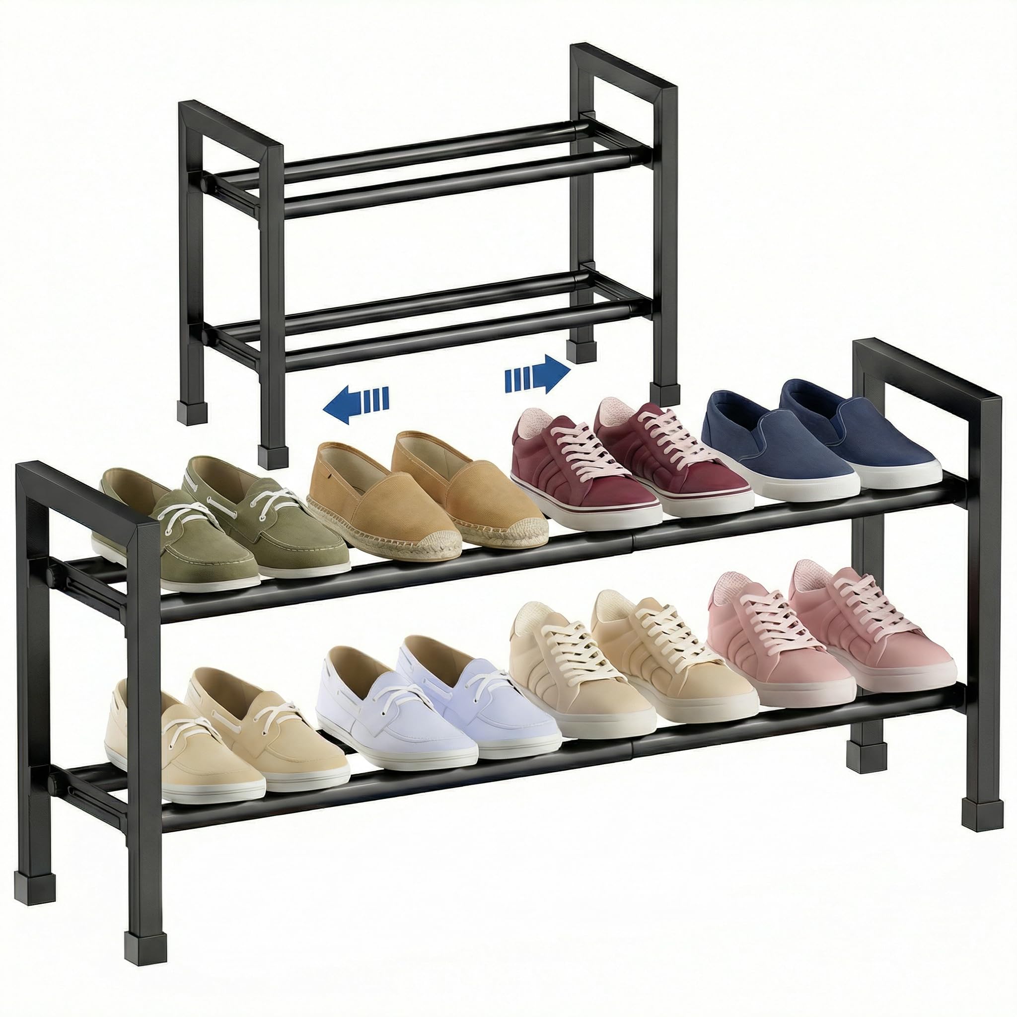 Mavivegue Shoe Rack, 2 Tier Shoe Rack, Extendable, 46.7-83.8 cm, Expandable Shoe Rack, Space-Saving, Metal Shoe Rack for 8 Pairs, for Hallway, Hallway, Balcony, Outdoor, Camping, Black