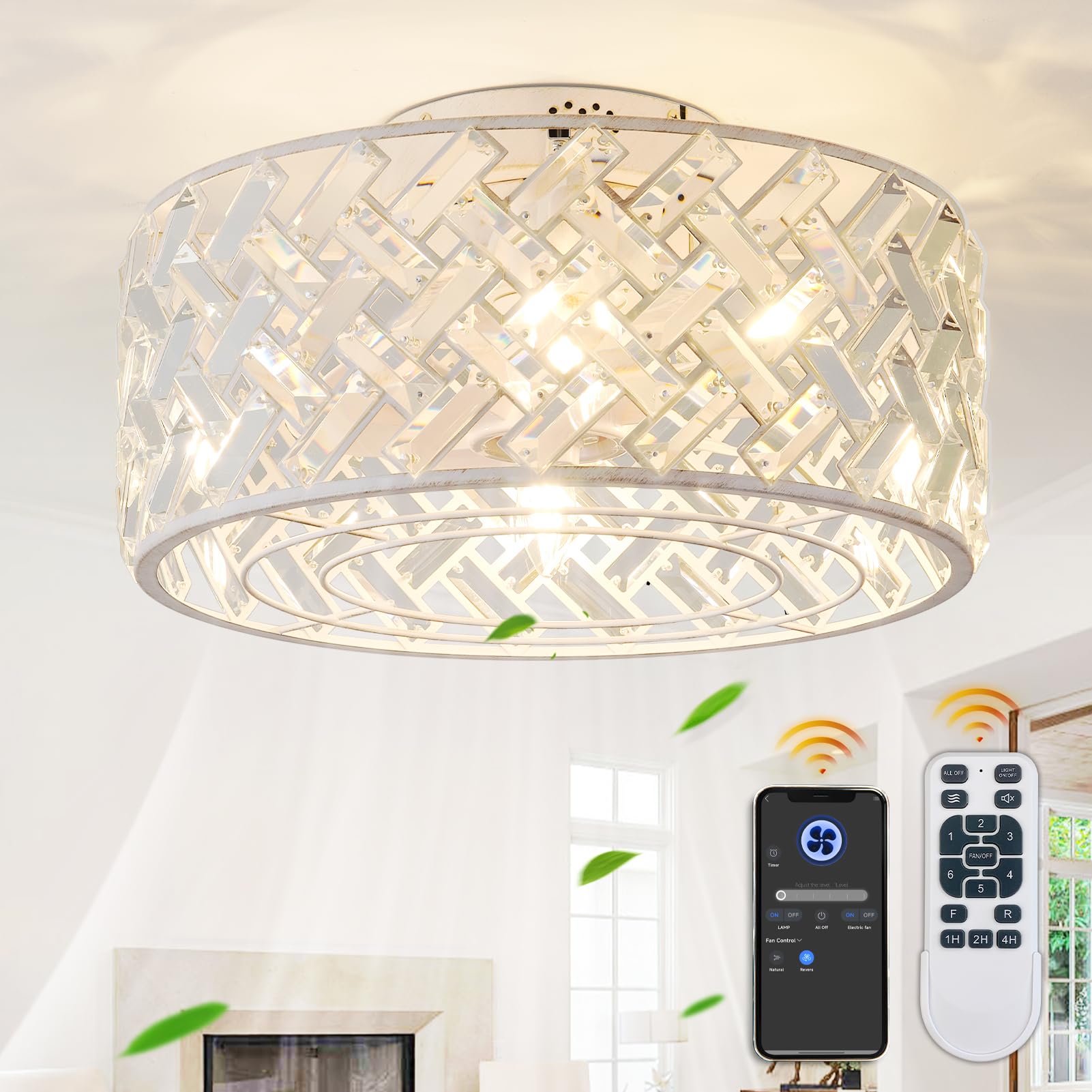 18 Inch Caged Ceiling Fan with Light, Low Profile Crystal Fandelier with Remote & App Control for Low Ceilings Flush Mount Installation Indoor, Bulb Included White