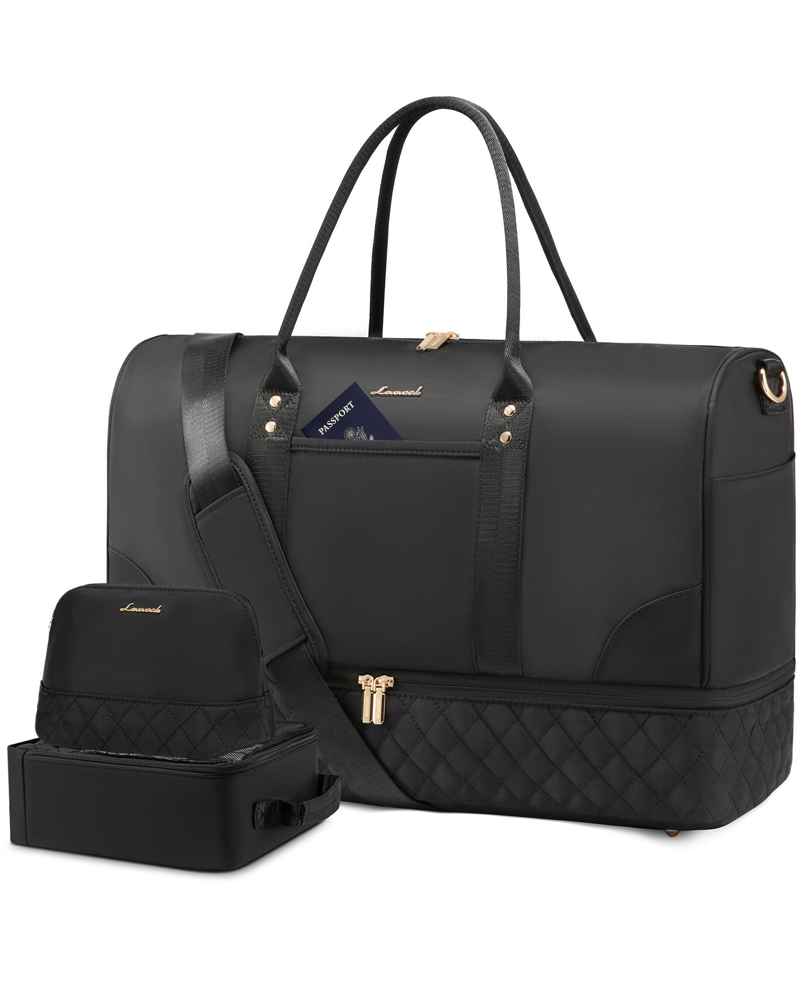 Foto de LOVEVOOK Bolsa de fin de semana para mujer, bolsa de lona de viaje, bolsa de mano para la noche, bolsa de lona para gimnasio y yoga, Negro -, Viajes (imagen 1)