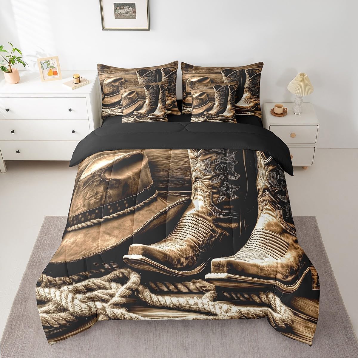 jejeloiu Western Decor Comforter Set with Sheets Full Size Kids West Cowboy 7 Pieces Bedding Set for Boys Girls Teens Rodeo Cowboy Style Bed in a Bag Breathable Hat Boot Bed Set Room Decor - Image 2
