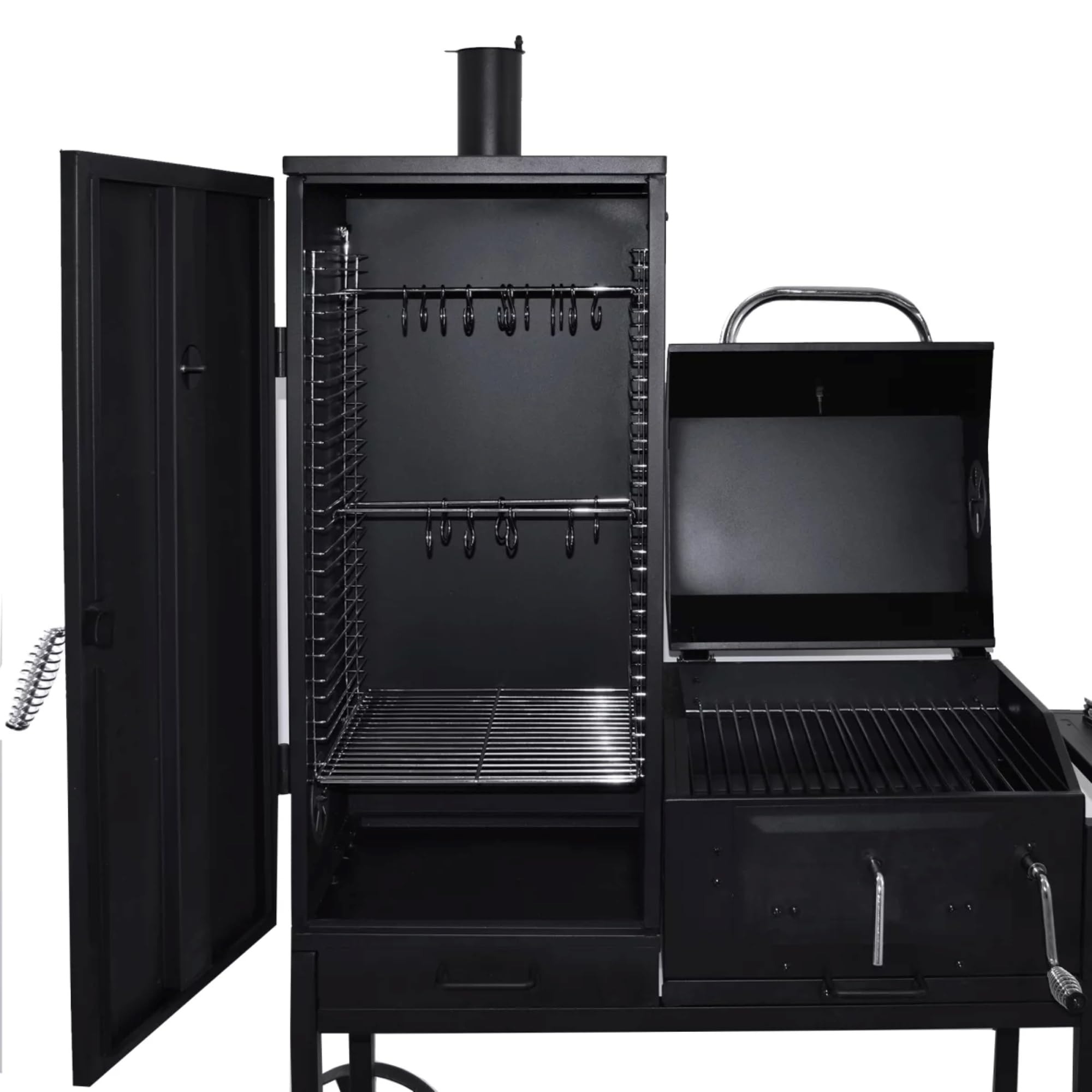 Syntrox Smoker Klavor mit Räucherofen, BBQ-Grill, Holzkohlegrill. Smokergrill, Stahl, Stahlblech mit Feuerschutzlack, Grillkammer und Räucherkammer, Holzgriffe, Aschetür mit Riegelverschluss