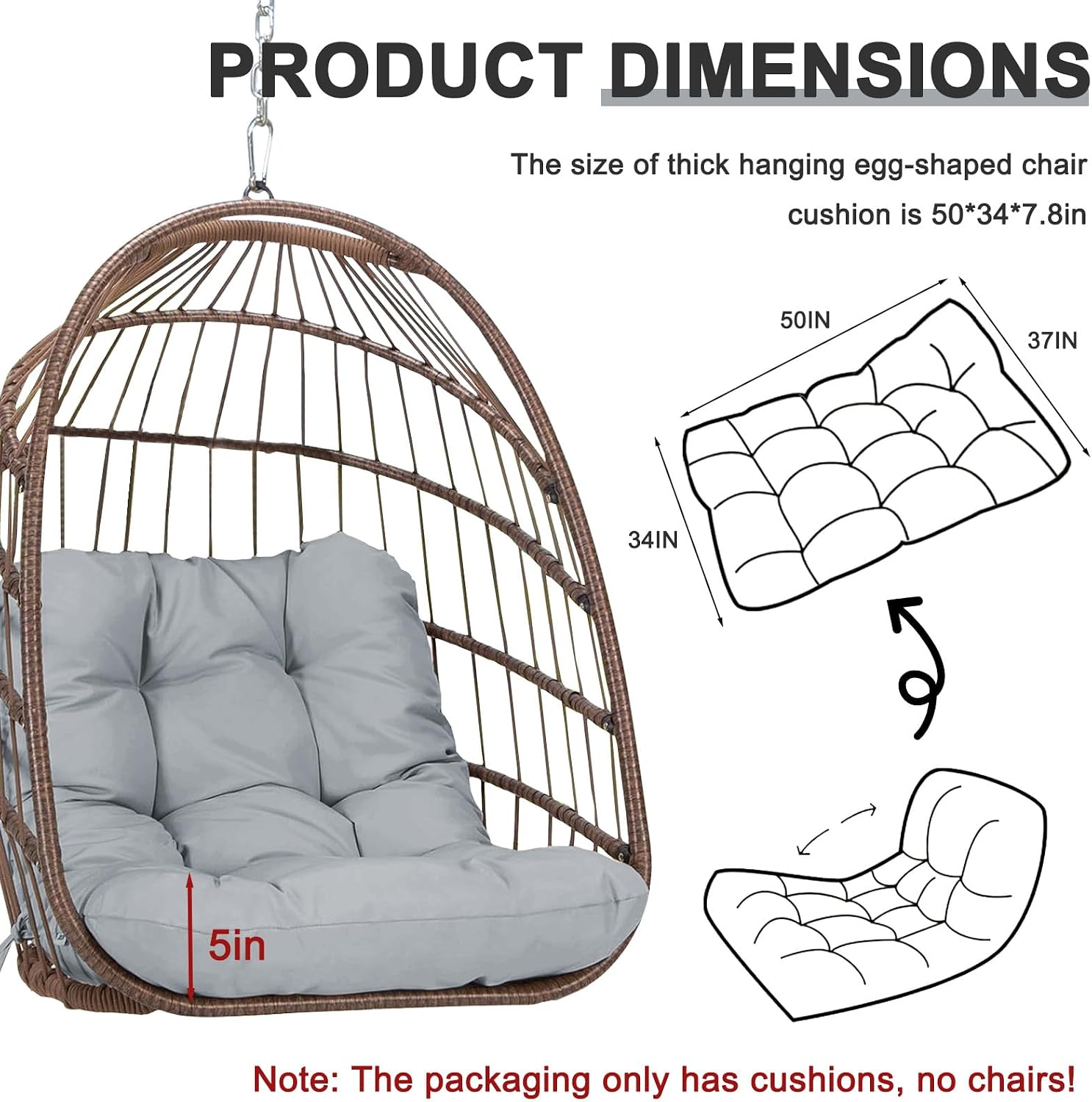 Egg chair cushion replacement, 7.8in Thick Waterproof hanging egg chair cushions, Outdoor Papasan Rocking Chair Cushions with Ties, Hammock chair Pad for Indoor Outdoor (only cushion) (Light gray)