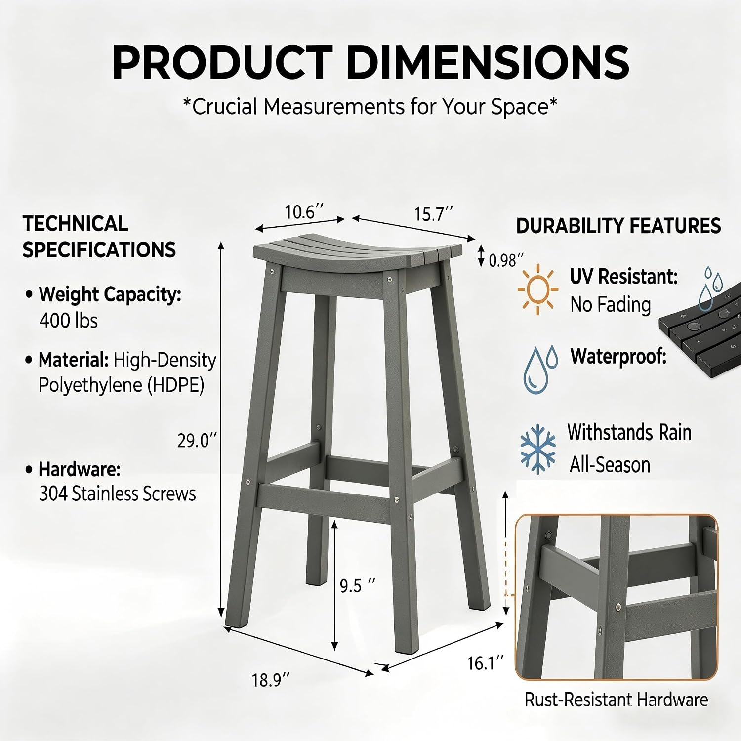 AMILY HDPE Bar Stool Set of 2, Outdoor Bar Height 29‘’, Heavy Duty All-Weather Patio Stool for Poolside, Backyard, Balcony, Easy Assembly (Grey)