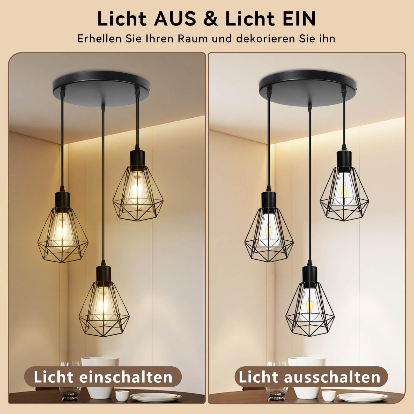 HiBay Hängelampe Esstisch E27 Pendelleuchte Vintage Küchenlampe Hängend 3 Flammig Esszimmerlampe Schwarz Hängeleuchte für Flur Wohnzimmer Schlafzimmer Max. 60W Ohne Leuchtmittel