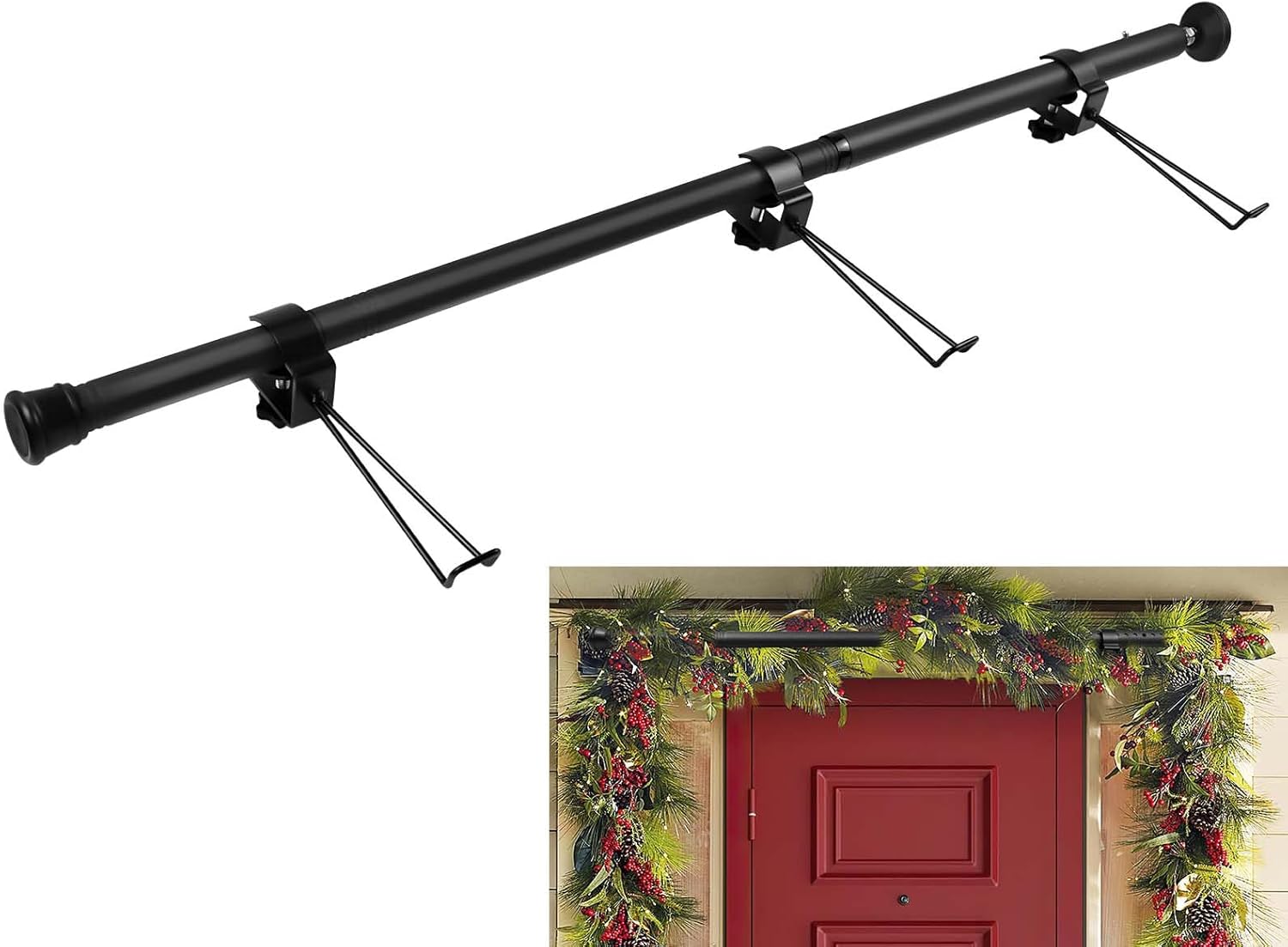 Adjustable Front Door Garland Hanger with 3 Hooks 18-51inch Tension Rod Heavy Duty Single Door Garland Holder No Damage to Your Door No Drilling, Screws for Halloween Christmas Wreaths Lights Decor