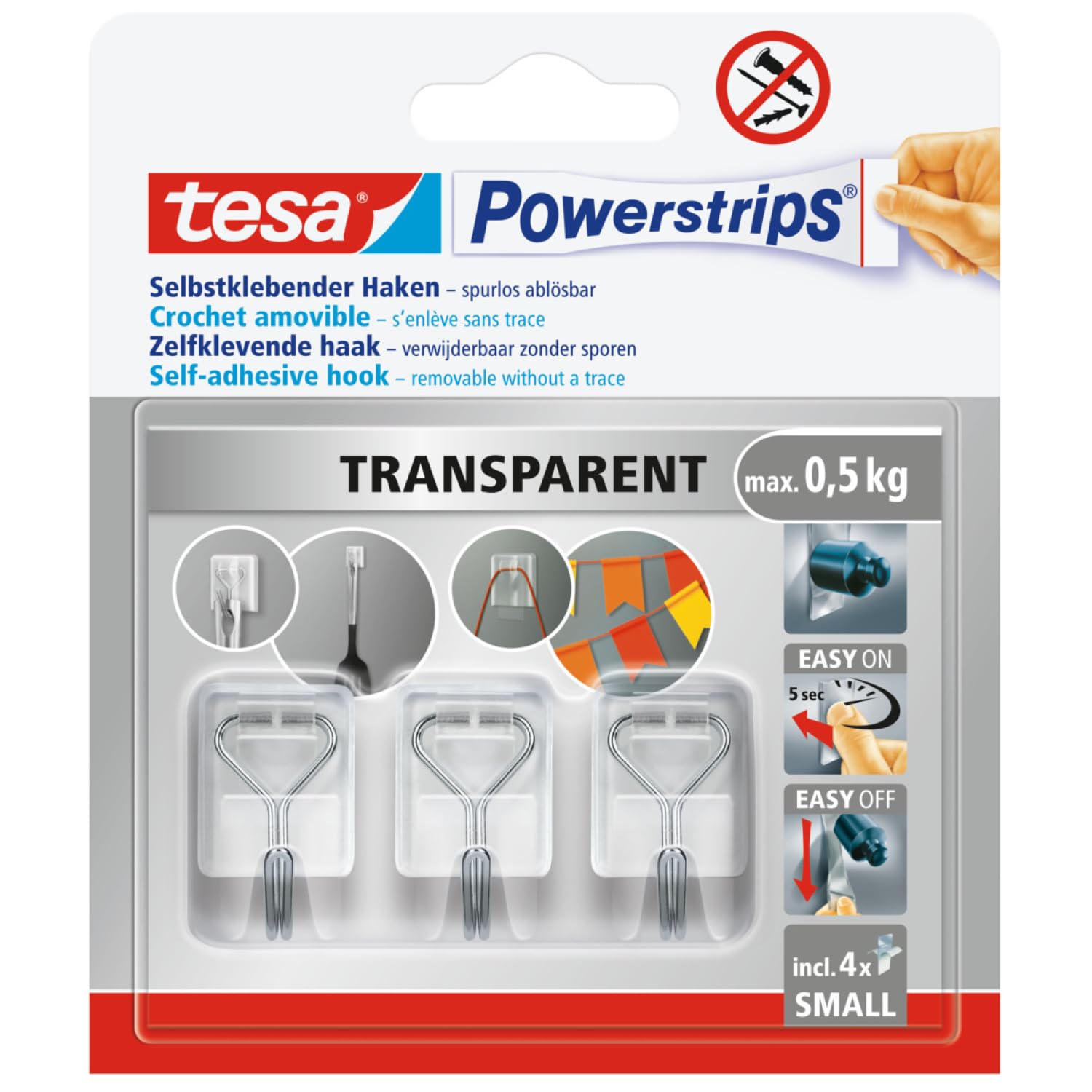 tesa Powerstrips Klebehaken Small – Selbstklebende Wandhaken mit abnehmbarem Drahthaken (Transparent)