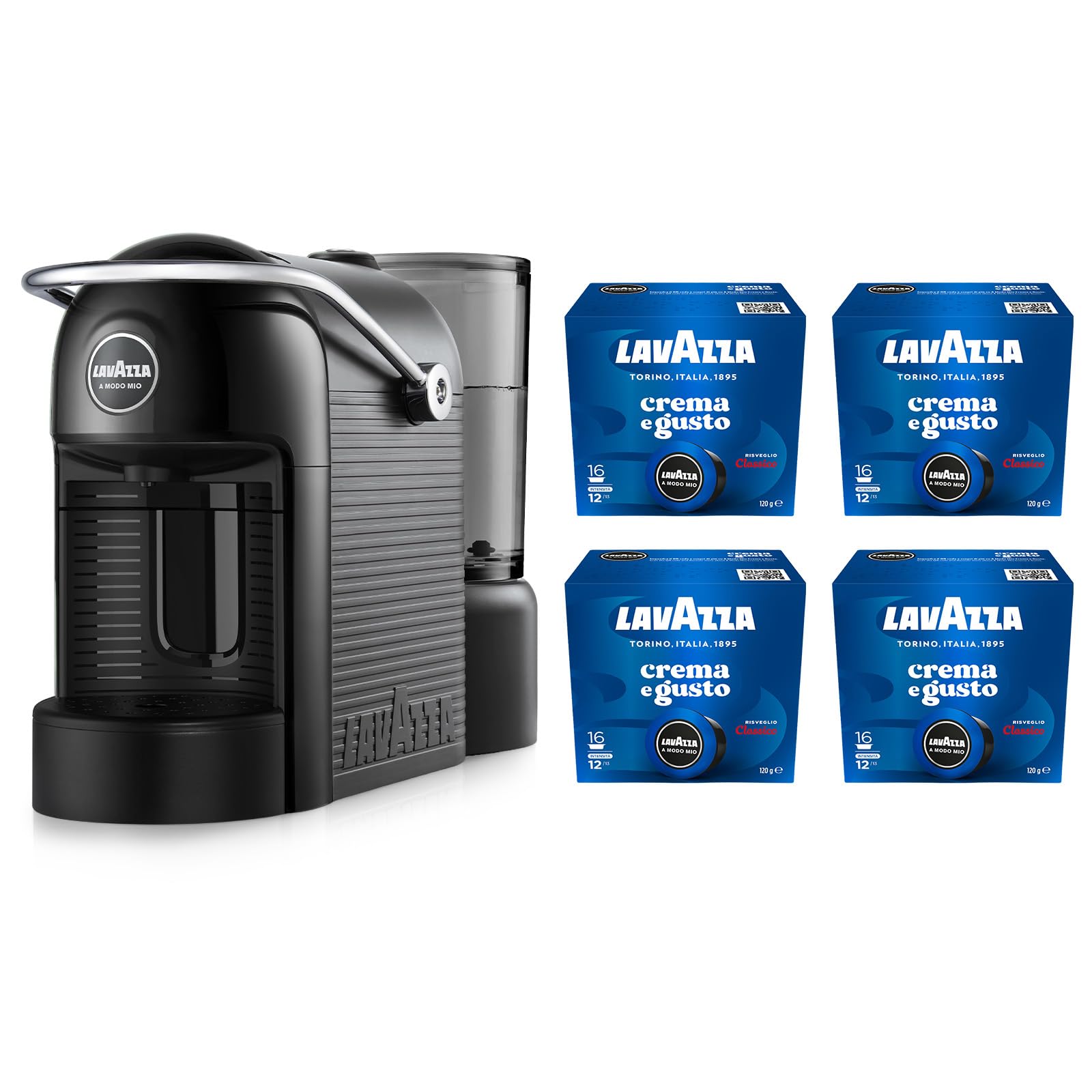 Lavazza A Modo Mio Jolie Evo, Macchina per Caffè Realizzata con 36% di Plastica Riciclata, Macchina Espresso con 64 Capsule Lavazza A Modo Mio Crema e Gusto Classico Incluse, Nera