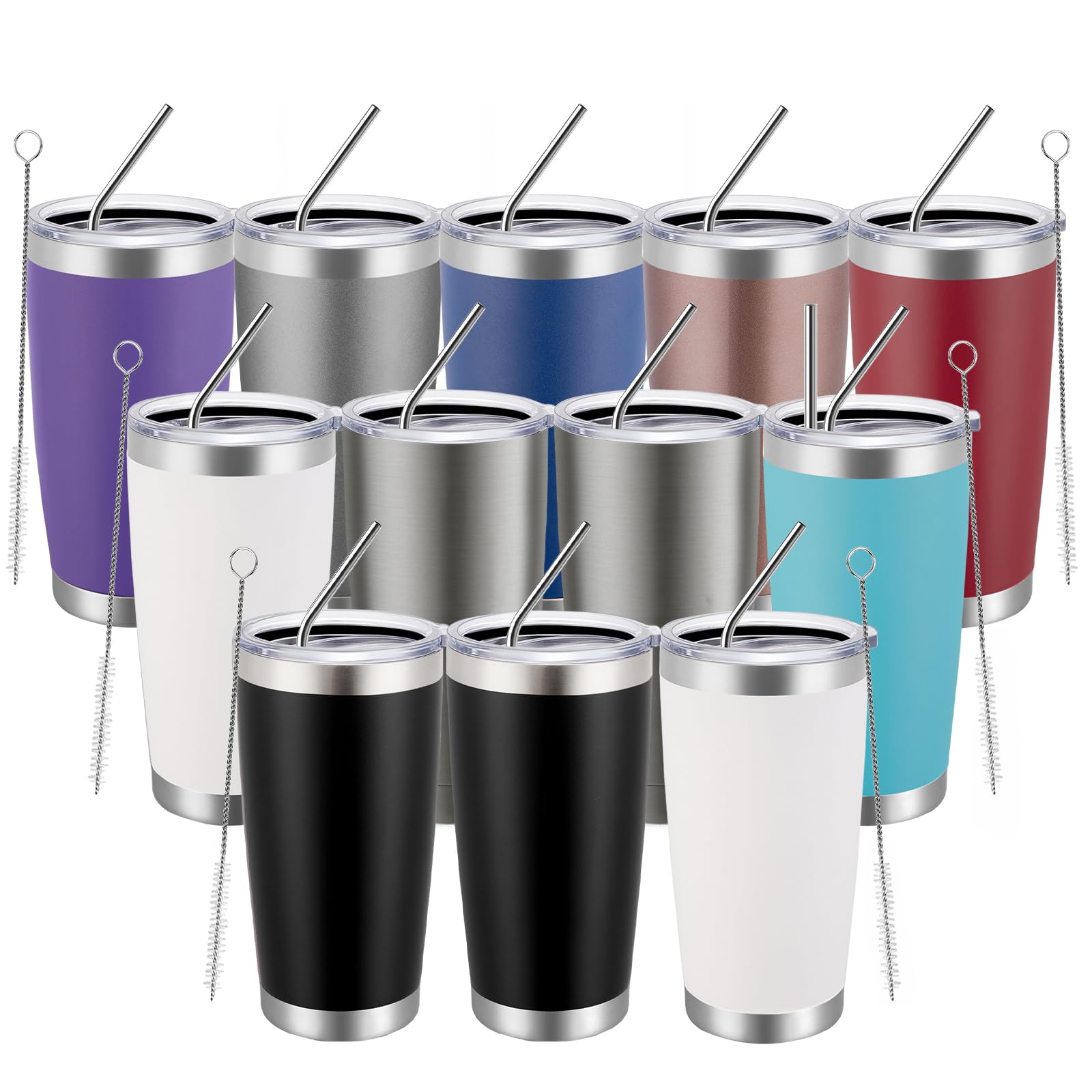 20oz Tumbler 12 Pack Double Wall Vacuum Insulated Travel Mug Bulk, Mix Color Stainless Steel Tumblers with Lid and Straw, Durable Powder Coated Coffee Cups for Cold & Hot Drinks（Color Mix, 12