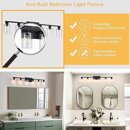 Miniatura 4 de Lámpara de tocador de baño de 6 luces, color negro, 6 lámparas con pantallas de vidrio transparente para baño sobre espejo
