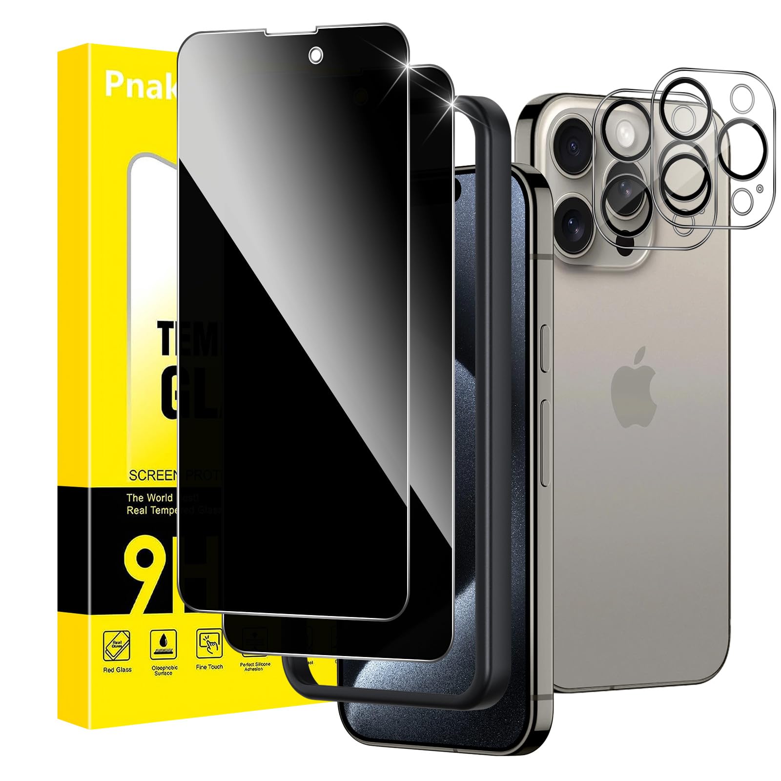 Pnakqil Protector Pantalla Privacidad para iPhone 15 Pro Max con Protectora Camara,Antiespia Cristal Templado para iPhone 15 Pro Max con Marco de Instalación Fácil,Privacy Vidrio Pelicula,2+2 Piezas
