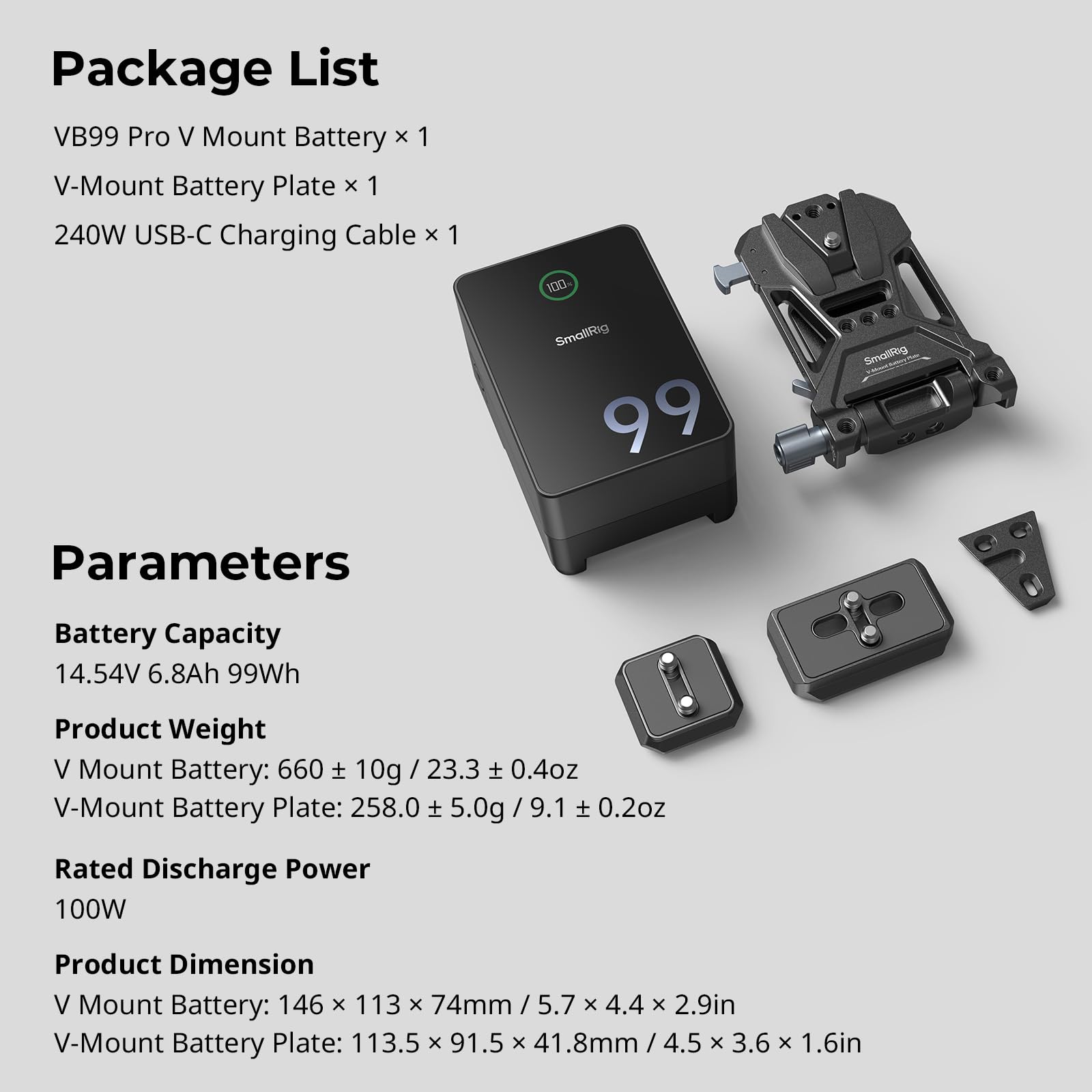 SMALLRIG V-Mount Battery Akku VB99 Pro, 99Wh/6800mAh Mini V-Mount Akku mit PD 100W USB-C Schnellladung, mit V-Mount Akkuplatte, V-Mount Akku und Platte für DSLR Kamera, Camcorder, Stativ – 5046
