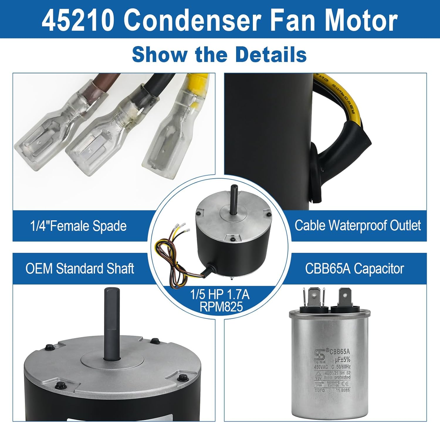 45210 Condenser Fan Motor, 1/5 HP 825 RPM 208-230V AC Condenser Fan Motor Replacement for Carrier Bryant Payne HC37GE210, HC37GE210A, 3S003, 5KCP39GFY917S 5KCP39GFS166S, 6DLL2, 51-23055-12, 622080