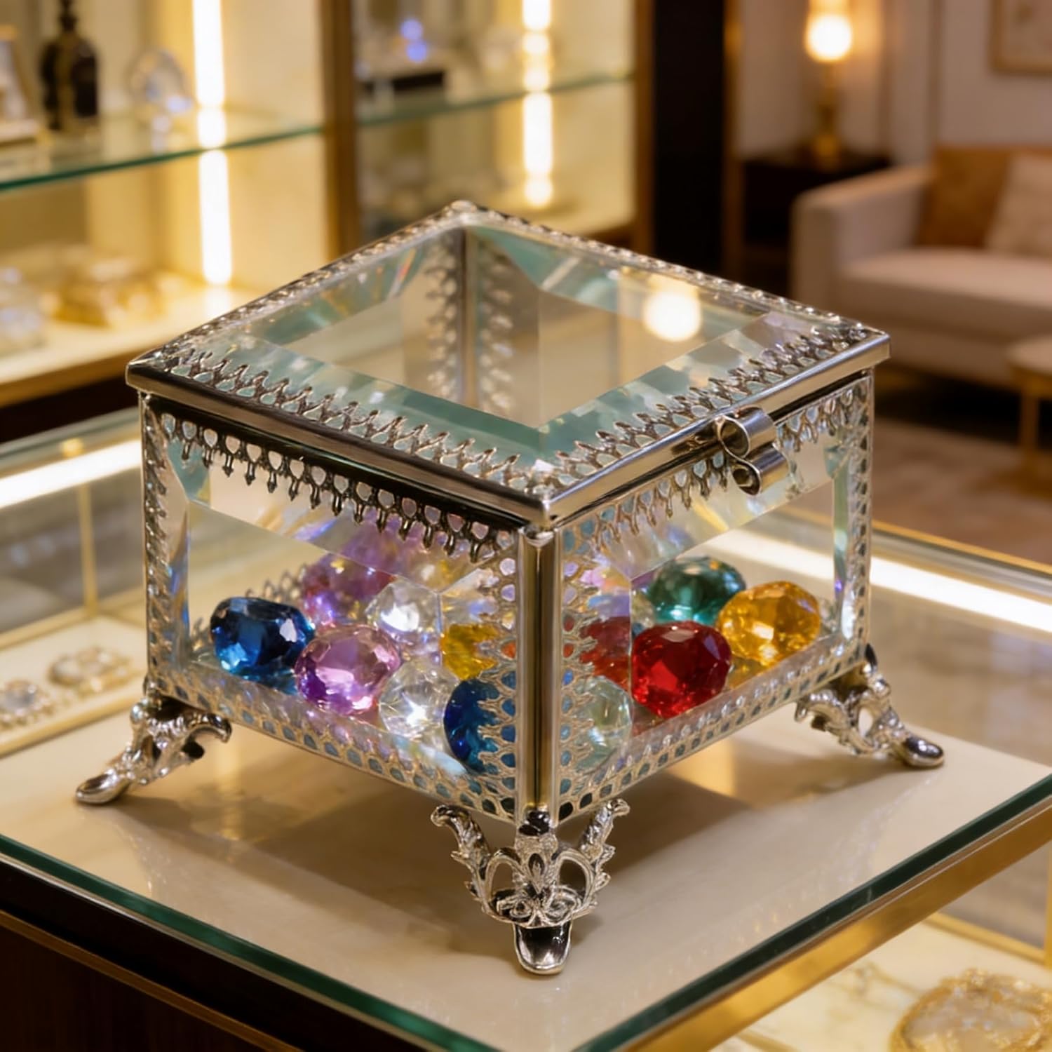 Glass Vintage Jewelry Box Keepsake storage Trinket Ring Display Box Home Decor Beveled Clear Glass Box Organizer(5.2x5.2x2.7Inches)