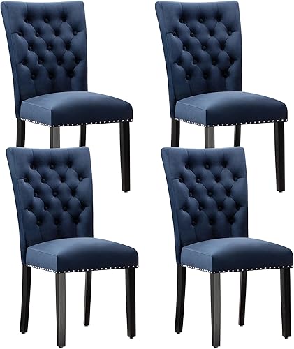 Miniatura 7 de Juego de 4 sillas de comedor de cocina de terciopelo, silla de comedor tapizada Parsons, silla decorativa de madera con ribete clavado, azul