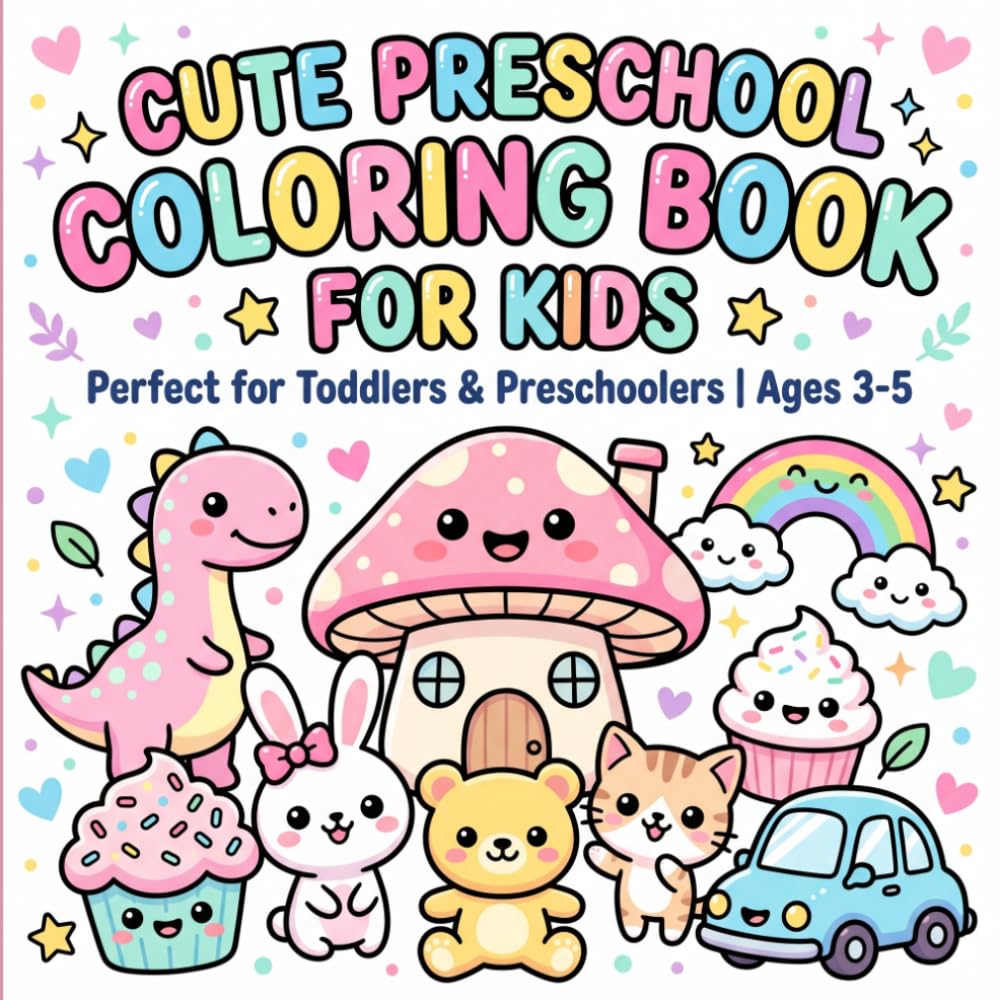 Cute Preschool Coloring Book for Kids: Fun and Easy Coloring Pages for Toddlers & Preschoolers Ages 3-5 | Dinosaurs, Animals, Cars, Mushrooms, Cupcakes and More