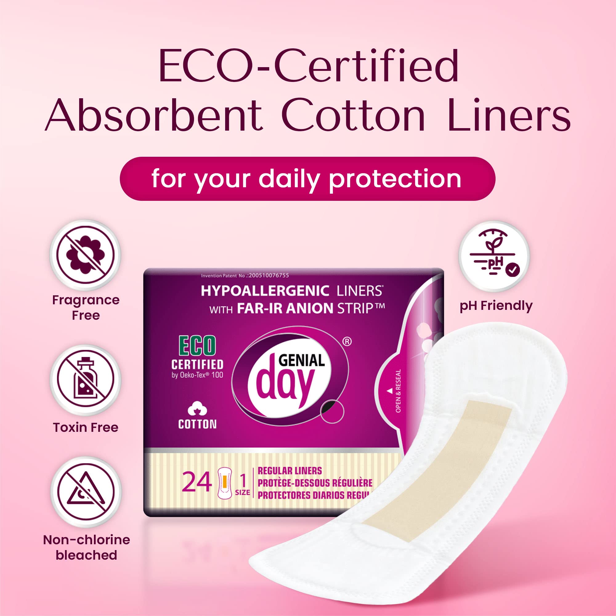 Genial Day - Cotton Panty Liners, Vegan & Non-Toxic Liners, for Women with Far-IR Anion Strip, Soft & Breathable, 6.1 Inches Long (Regular), 216 Liners, 9 Packs X 24