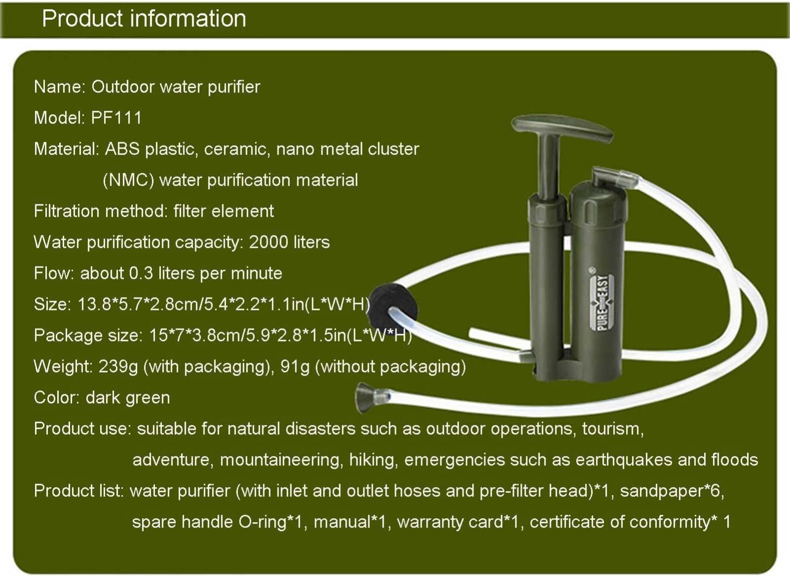 Mini Depuratore d'acqua Portatile, Filtro Depuratore d'acqua Campeggio Pompa A Pressione Manuale per Purificazione dell'acqua per Preparazione di Emergenza, Trekking