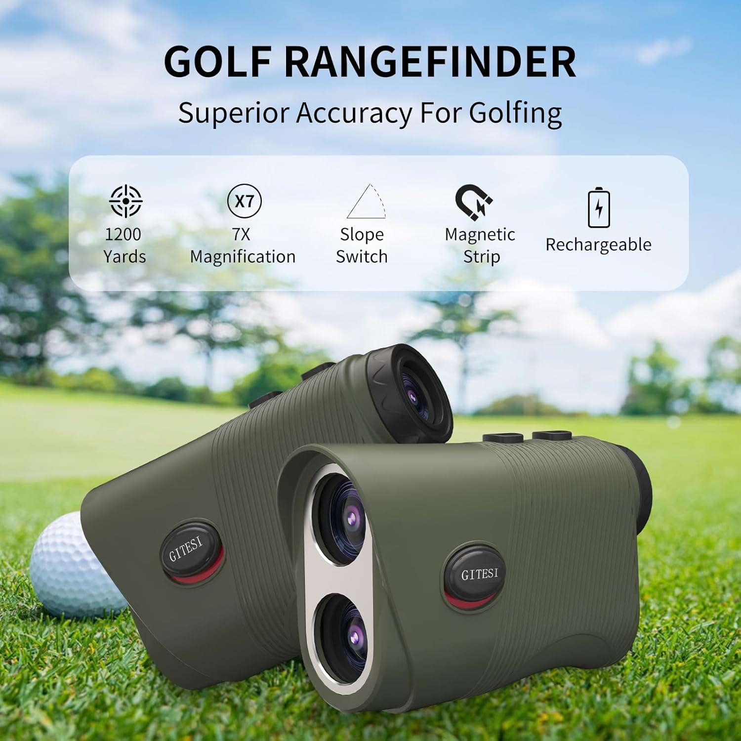 Golf Rangefinder with Slope, 1200 Yards Laser Rangefinder, 7X Magnification, Rechargeable, Flag Pole Locking Vibration, Integrated Magnet, Golf Accessories for Men & Women
