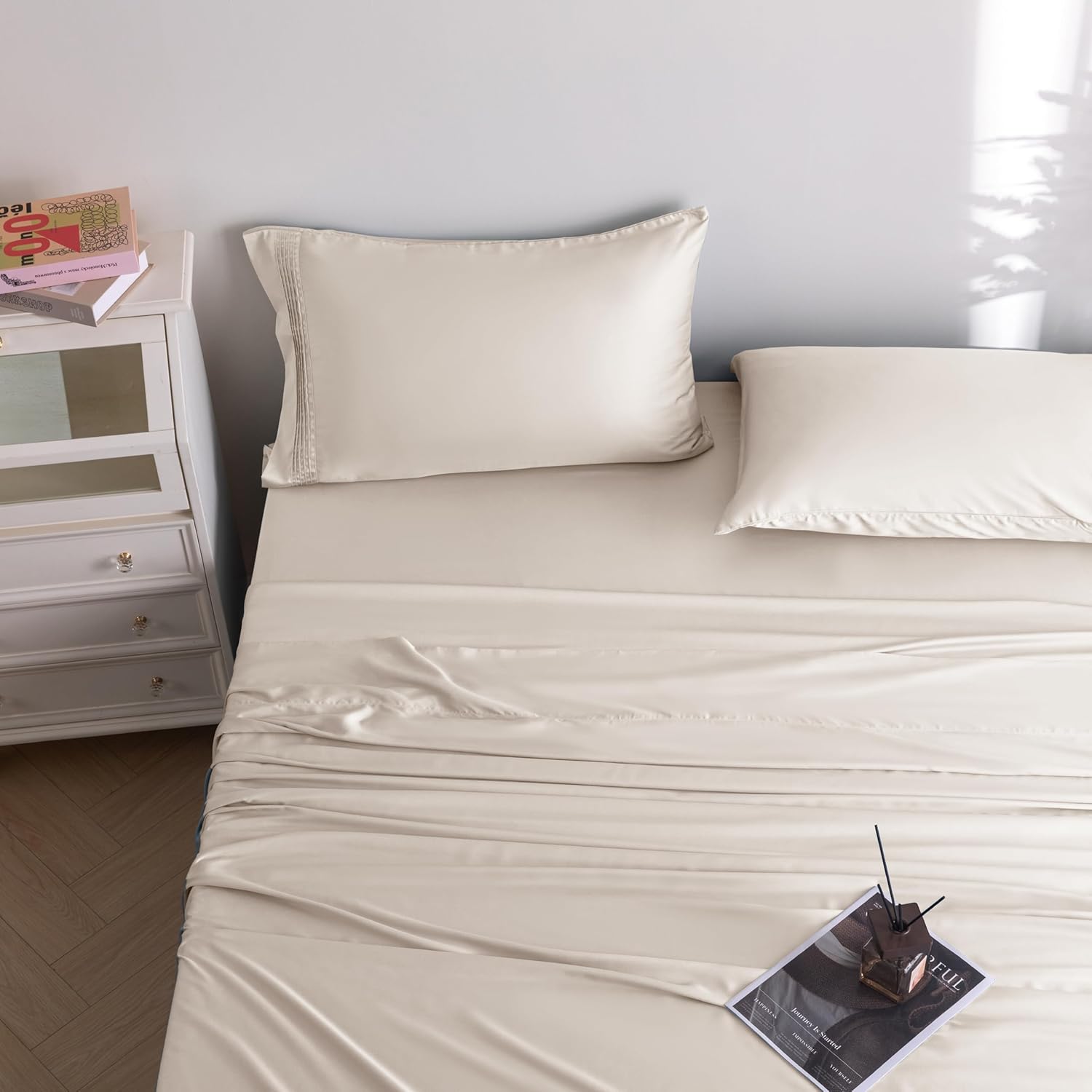 Queen Sheet Set, Cooling Sheets for Queen Size Bed Set, 100% Viscose Derived from Bamboo, Breathable & Soft Deep Pocket Up to 18", Hotel Luxury Silky Bedding for Hot Sleepers, (Ivory)